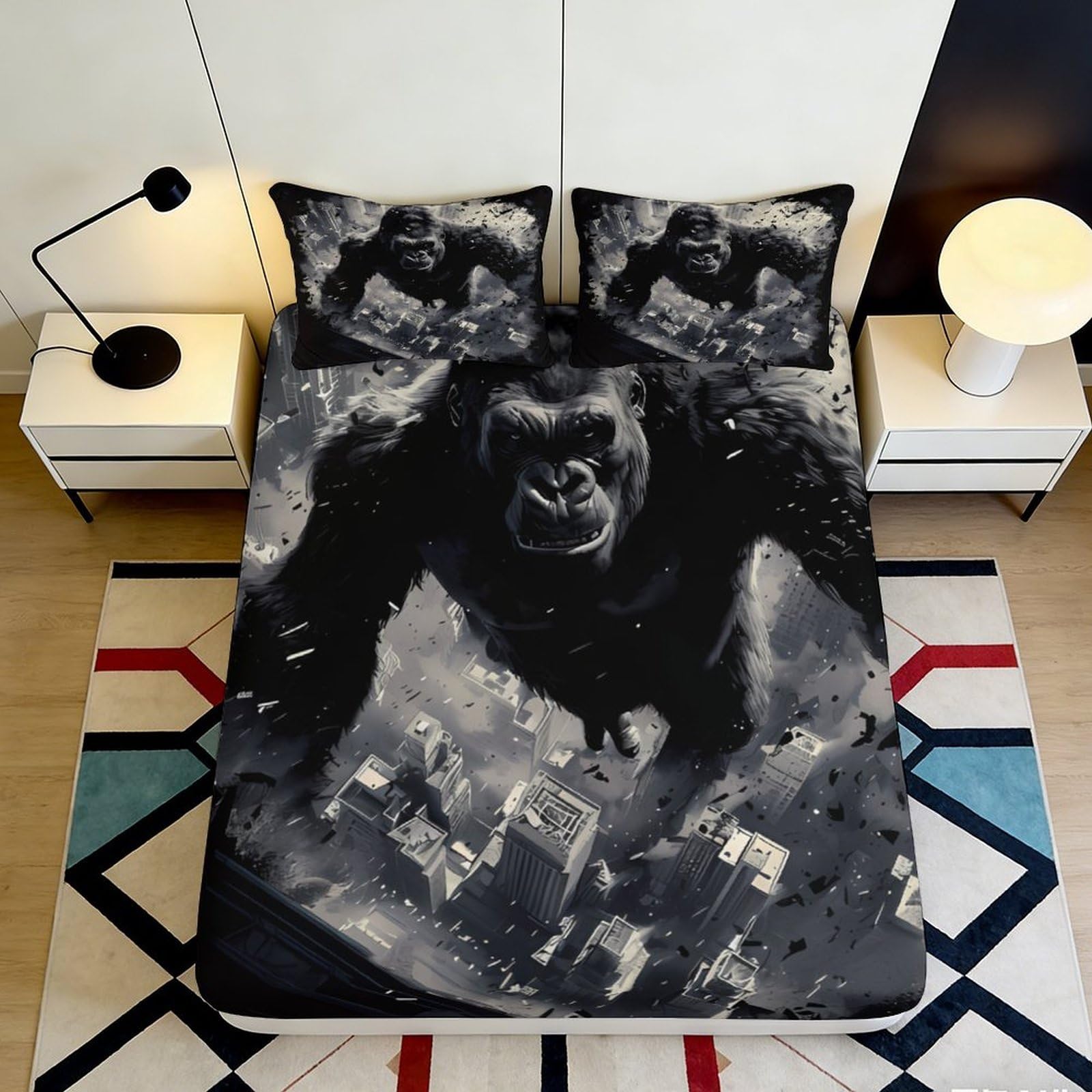 3D Printed King Kong Cityscape Fitted Sheet Microfiber Anti-Slip Urban Gorilla Mattress Cover Bedroom Decor 90x200x25cm