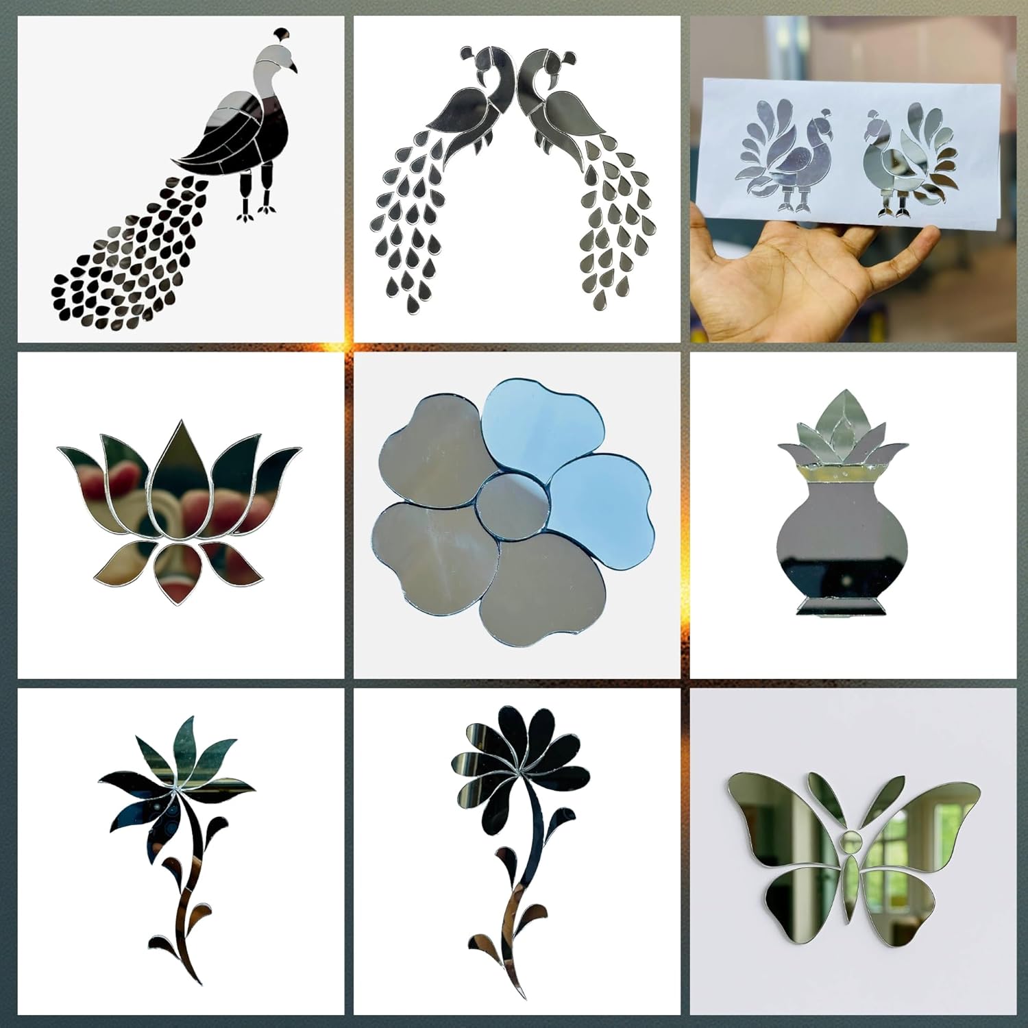 Decorative Mirror Shape Craft Kit – Peacock, Lotus, Flower, Butterfly & Traditional Shapes | Glass Mirror Set for Lippan Art, DIY Wall Decor