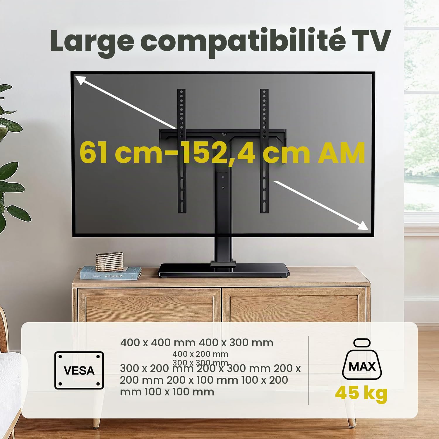 AM alphamount Télévision Support sur Pied TV Universel Pivotant - pour TV LED OLED LCD de 24-60 Pouces, Support de TV Réglable en Hauteur, Supporte 45 kg Max. VESA 400x400 mm