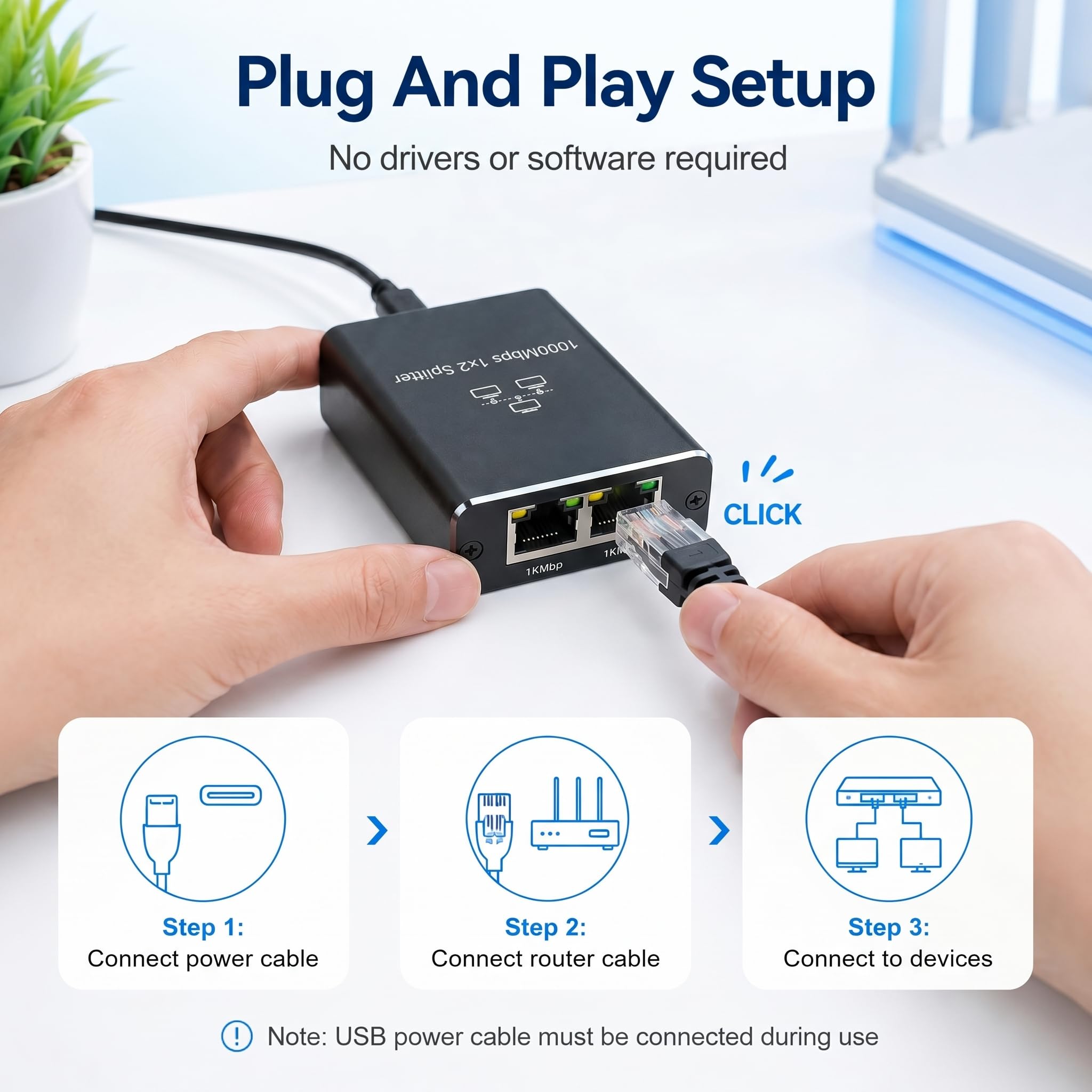 LAN Splitter 1 auf 2, Gigabit LAN Switch 2 Port 1000Mbps RJ45 Switch Computer, Smart-TV, Router, Hub, Set-Top Box, universelle Kompatibilität, robustes Gehäuse, Plug&Play, einfache Netzwerkerweiterung