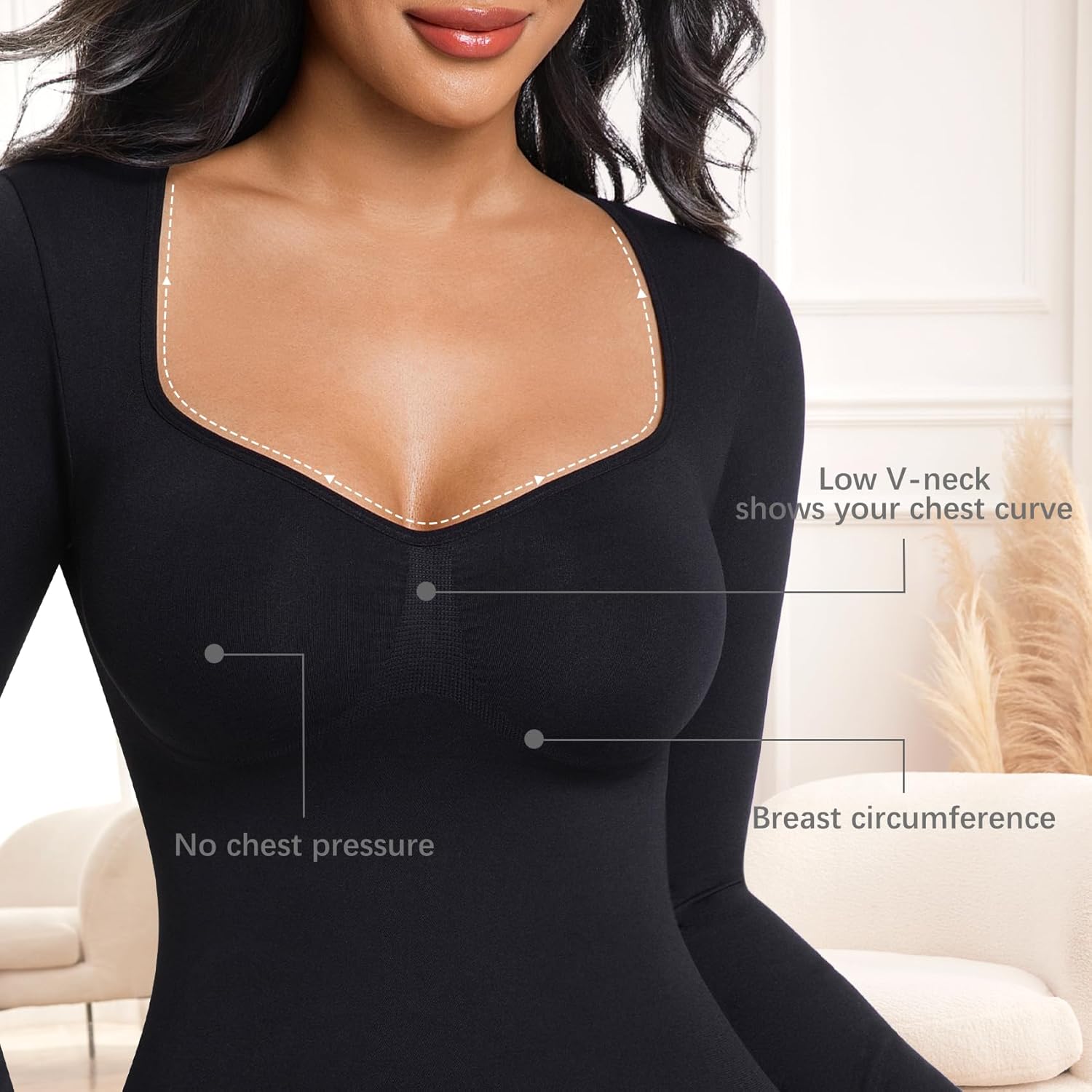 ONEW Shapewear Tummy Control Long Sleeve Shirts For Women Seamless V Neck Compression Shirt Slimming Body Shaper - Image 6