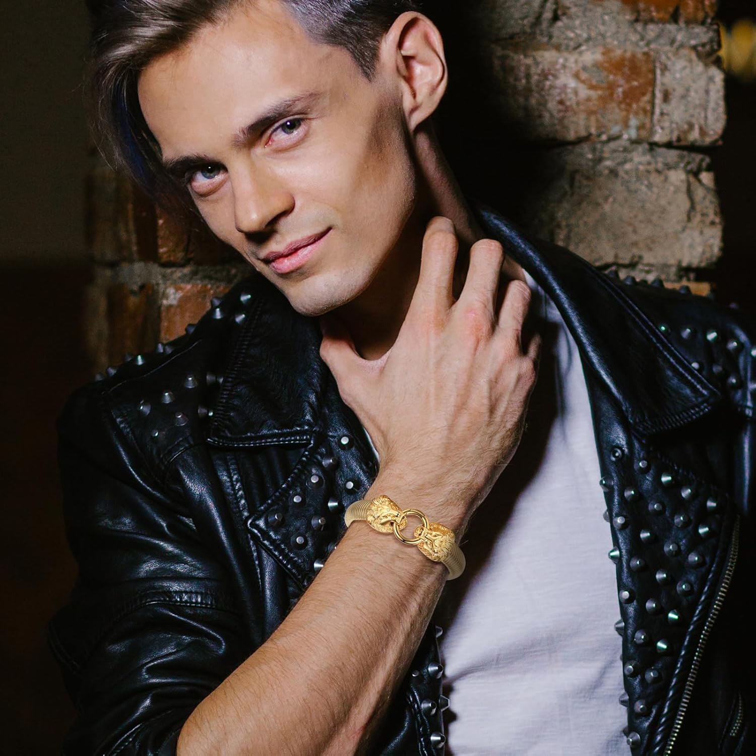 OIDEA Lion Bracelet for Men: Gothic Lion Head Bracelet Gold Stretch Bracelet Stainless Steel Link Curb Chain Bracelet Mens Bracelet Jewelry Gifts