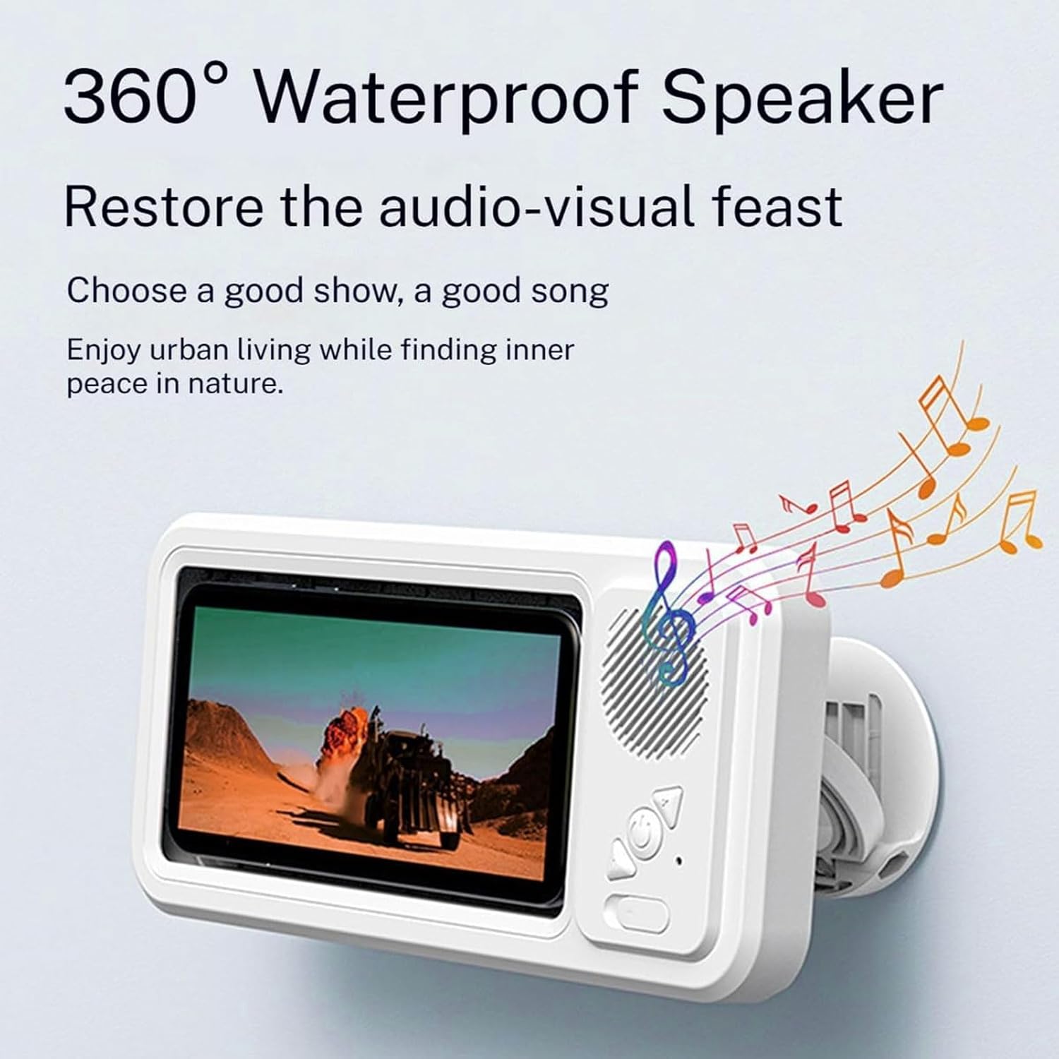 Waterproof Shower Phone Holder with Bluetooth Speaker, 100% Waterproof Fog‑Resistant Bathroom Phone Case, 480° Rotatable Retractable Mount for All Phones (White)