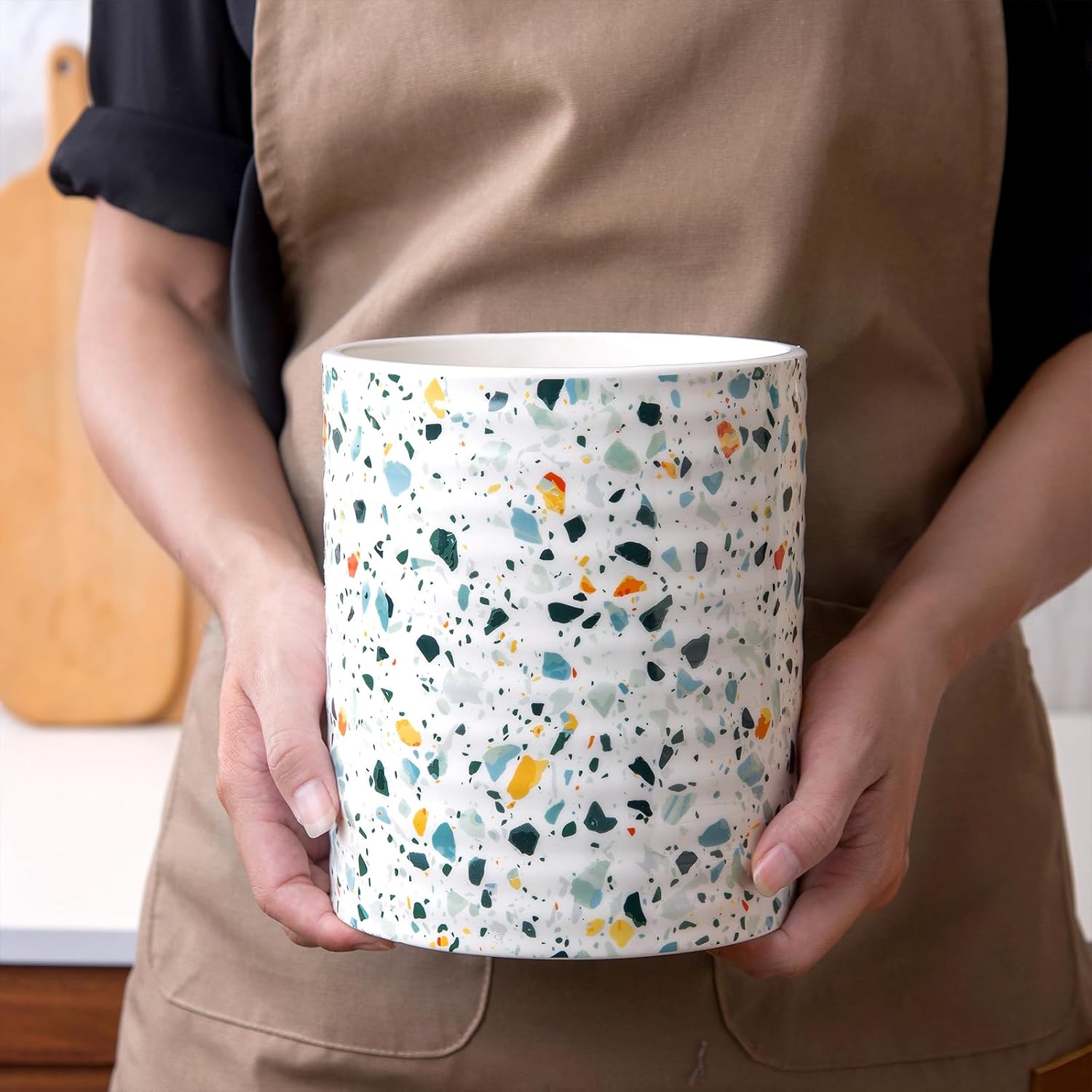 Kitchen Utensil Holder,7.2-inch Extra Large Ceramic Terrazzo Marble Pattern Utensil Crock,Cooking Utensil Organizer for Kitchen Counter Decor,Storage Caddy Farmhouse Gift Nordic Light Blue