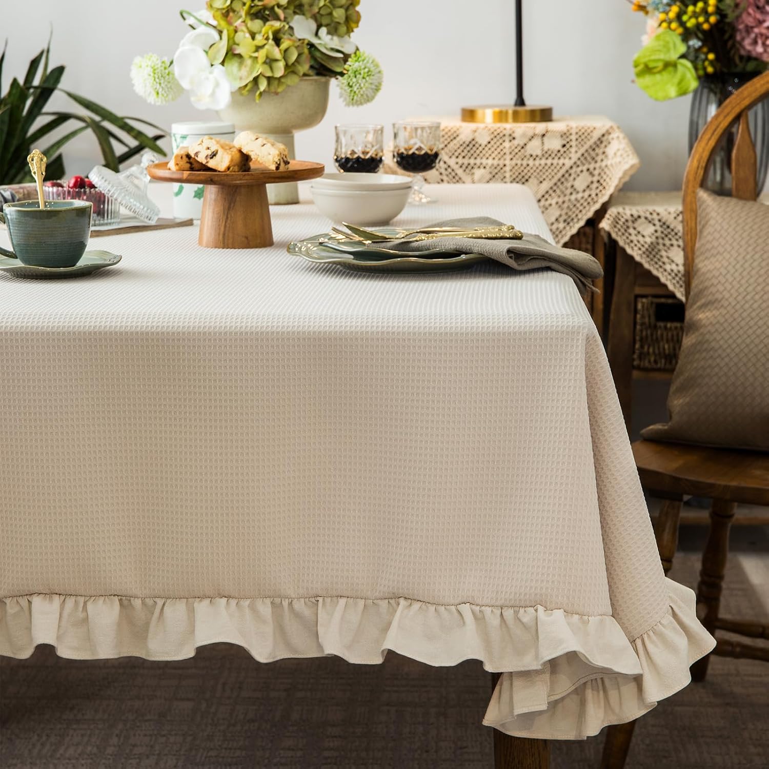 Waffle Weave Textured Rectangle/Oblong Tablecloth with Cotton Retro Ruffle Trim Solid Table Cover for Buffet Banquet Parties Event Holiday Kitchen Dining Farmhouse Decor Beige, 55x102 Inches