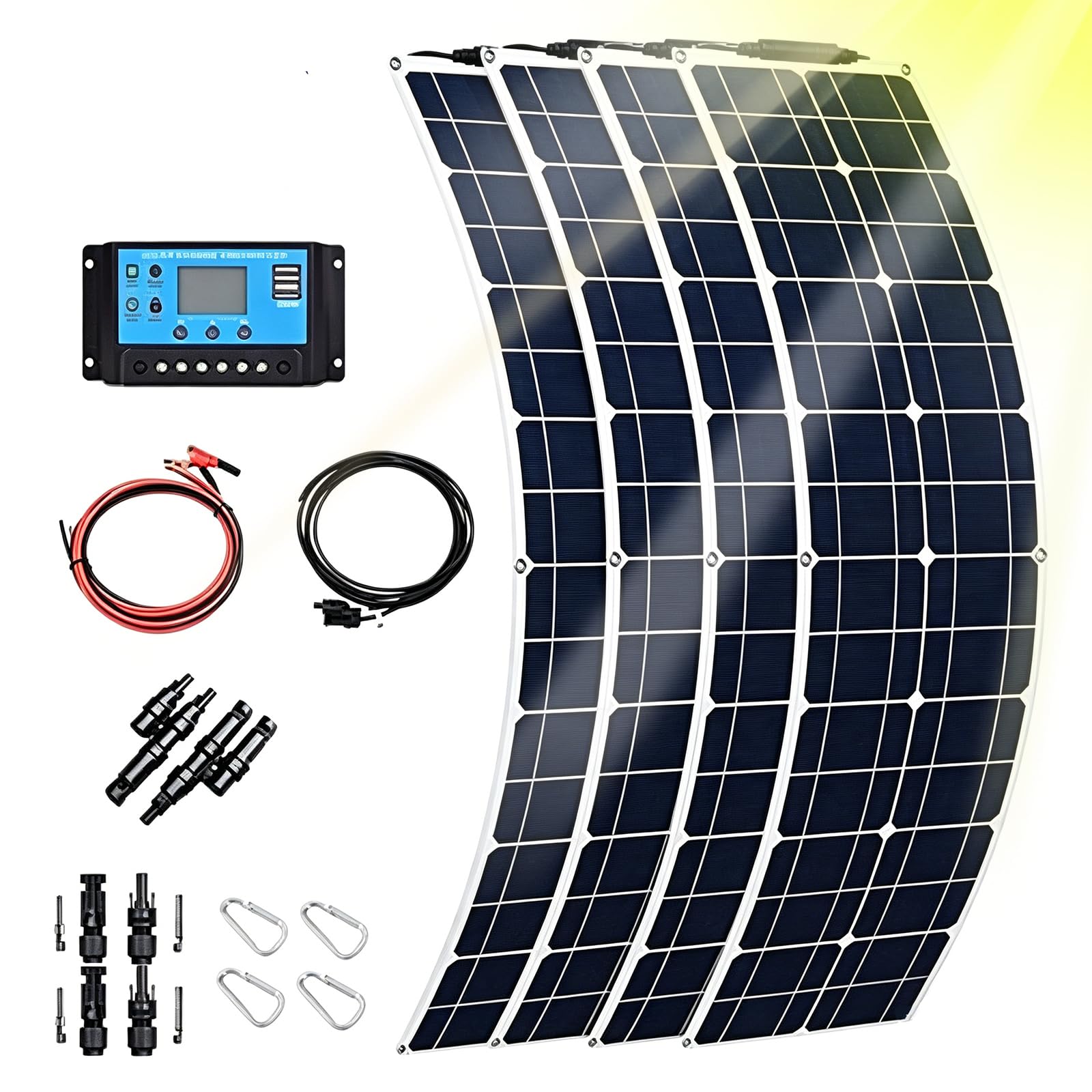 Flexible Monocrystalline Solar Panel Module, Monocrystalline Solar Panel Photovoltaic Module, Bendable 30° Solar Panel with Controller & Extension Cables for RV Boats Trailer Camper,White