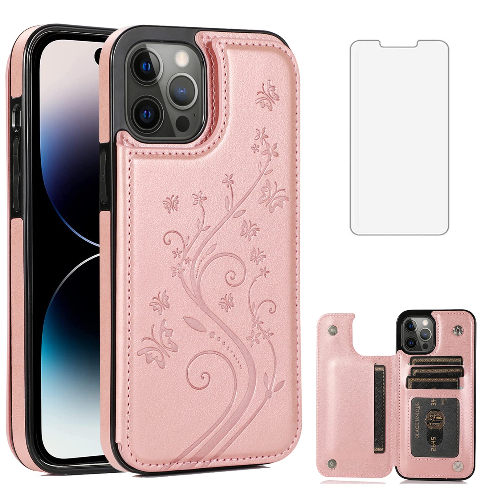 Phone Case for iPhone 14 Pro Max 6.7 inch with Tempered Glass Screen Protector and Card Holder Wallet Cover Stand Flip Leather Cell iPhone14promax 5G i Phone14Max Plus iPhone14 ProMax Women Rose Gold