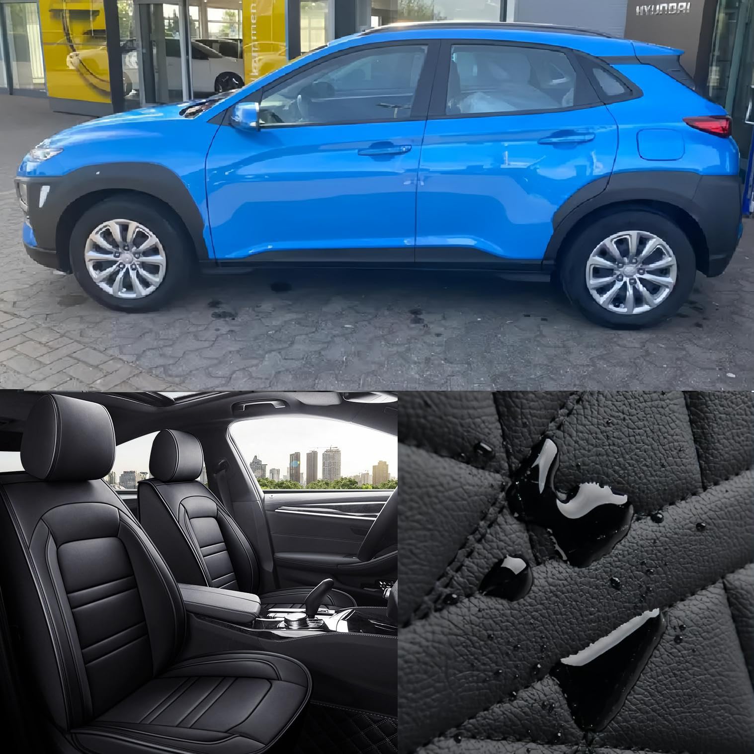 Autositzbezüge Auto Vordersitz 2 PCS Set Für Hyundai Kona Autositzbezüge Leder ，Komfortabel Wasserfest Verschleißfest Atmungsaktiv Schwarz
