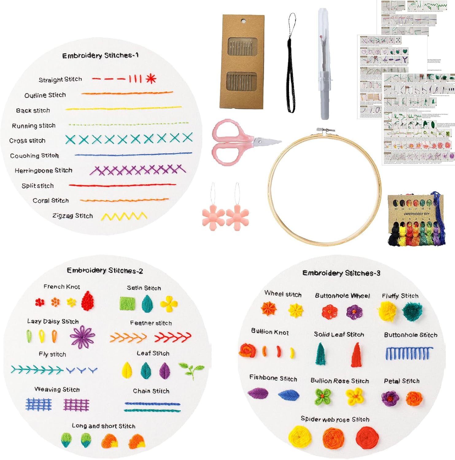Yixhua Juego de 3 juegos de bordado de práctica para principiantes, kit de punto de cruz para adultos con patrón de bordado a mano con instrucciones
