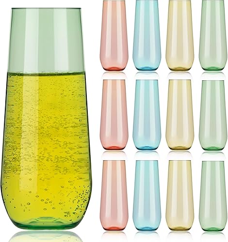 ROIMEE VONT Paquete de 24 copas de champán de plástico de color, desechables, 9 onzas, sin tallo, vasos de plástico transparente con borde dorado,