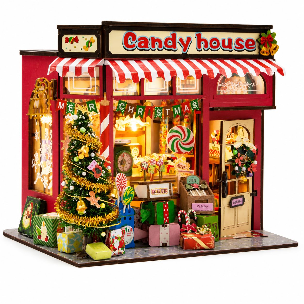 Christmas Candy House DIY Miniature House Kit with LED Lights, Wooden 3D Craft Building Kit for Adults & Teens, Festive Holiday Home Decor Book Nook