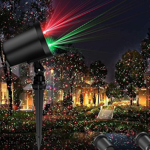 Proyector de luz láser de Navidad, paquete de 2, luces láser de estrellas rojas y verdes con temporizador para decoraciones al aire libre,