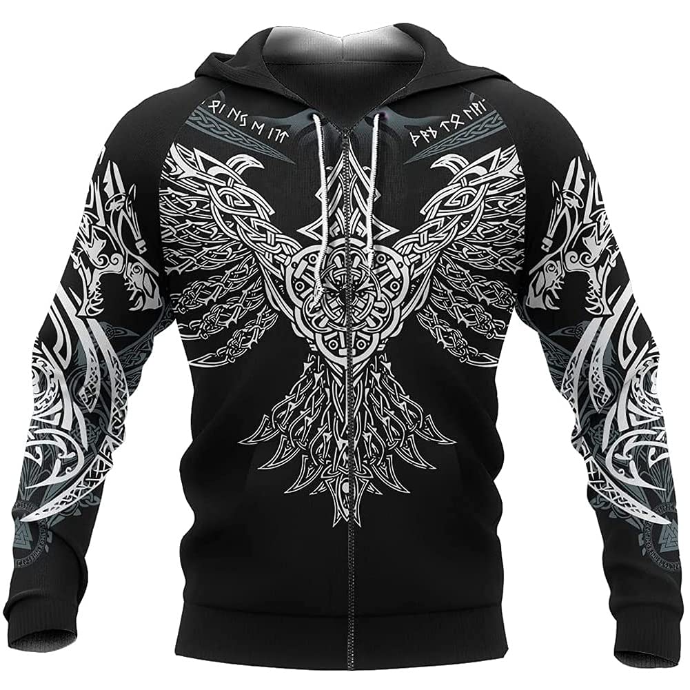 Dfwy Unisex Black Norse Mythology Mens Viking Odin Crow Pattern Tattoos Full Zip Hoodie Sweatshirt
