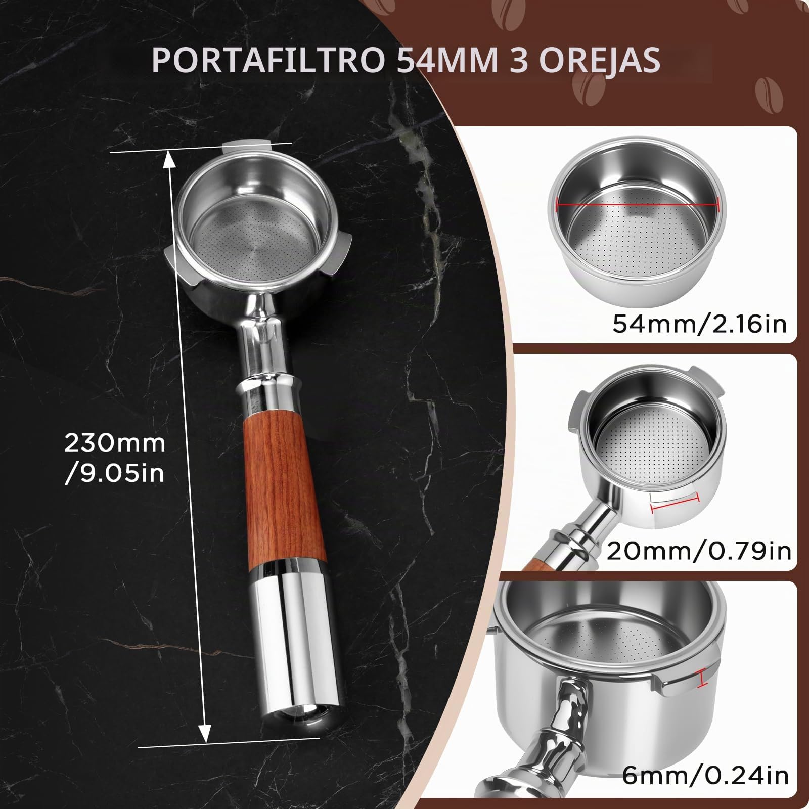 Cozary Portafiltro Sin Fondo de 54 mm,con 3 Orejas y Mango de Madera, Reutilizables, para Breville Espresso Machines 870/878/880, para su uso en Hogares,Cafeterías y Restaurantes de Estilo Occidental