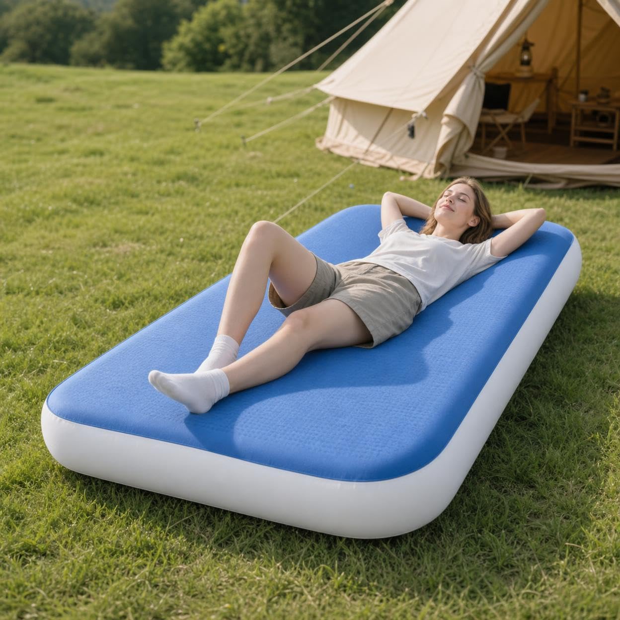 Colchón Hinchable Individual para Camping, Colchoneta Inflable Portátil con Bomba de Pie, Esterilla Hinchable Resistente para al Aire Libre