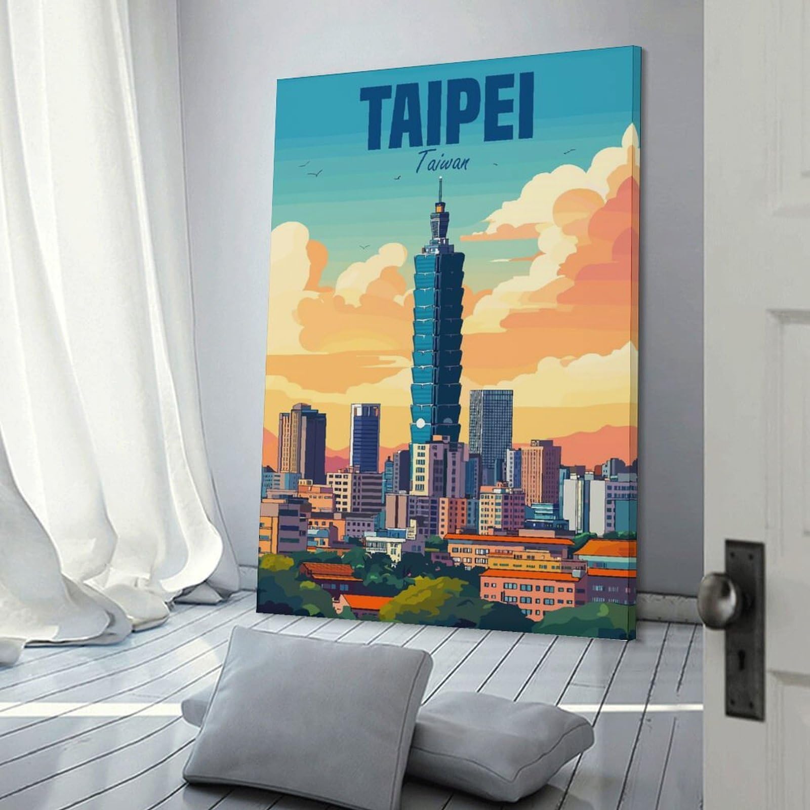 Junmoney Taipei Taiwan City Room Decor Wall Art, 20x30inch(50x75cm), for Bedroom, Guest Room Or Reading Nook, Home Artwork with A Soft Interior Feel