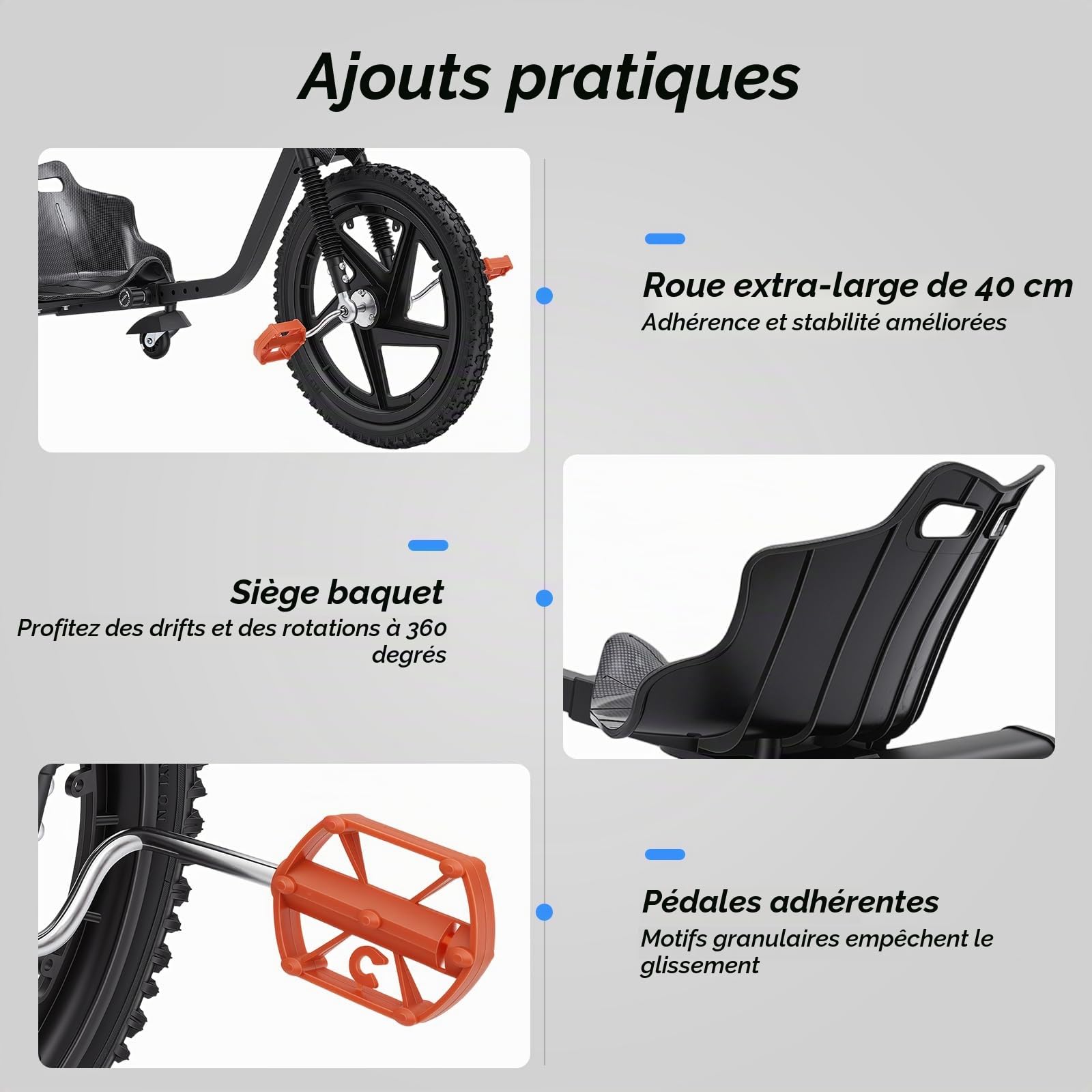 Drift Trike avec entraînement à pédale, Kart pouvant supporter jusqu'à 80 kg, trike pour adolescent, 4 vitesses, véhicule amusant avec construction stable à trois roues, véhicule glissant design