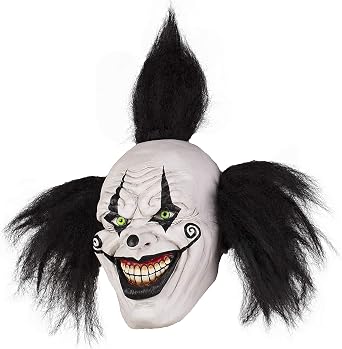 Halloween Evil Laughing Saw Clown Adult Costume Mask Spooky Killer Joker Black Hair Cosplay Ghost Prop