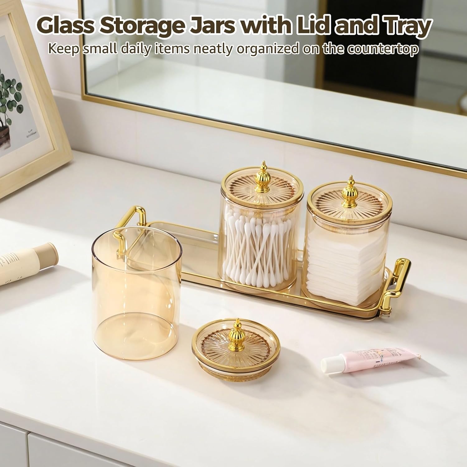 Glass Storage Jars Set with Lid, 3 Pcs, Clear Kitchen Canisters, Airtight Seal, Handles Tray, 12.2 X 5.31 X 3.74 in, for Bathroom