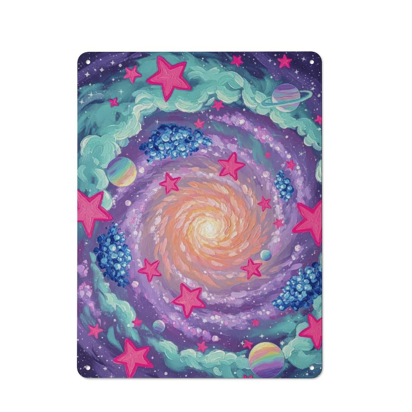 Rustic Whimsical Galaxy with Pink Stars Tin Wall Plaque 40x30cm, Rustic Kitchen Decor for Cottage, Kitchen, Hallway Or Breakfast Nook