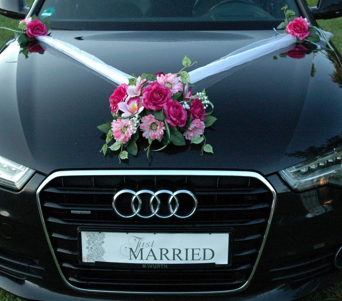 Autoschmuck Spitze STRAUß Auto Schmuck Braut Paar Rose Deko Dekoration Hochzeit Car Auto Wedding Deko PKW (SS GER Pink)