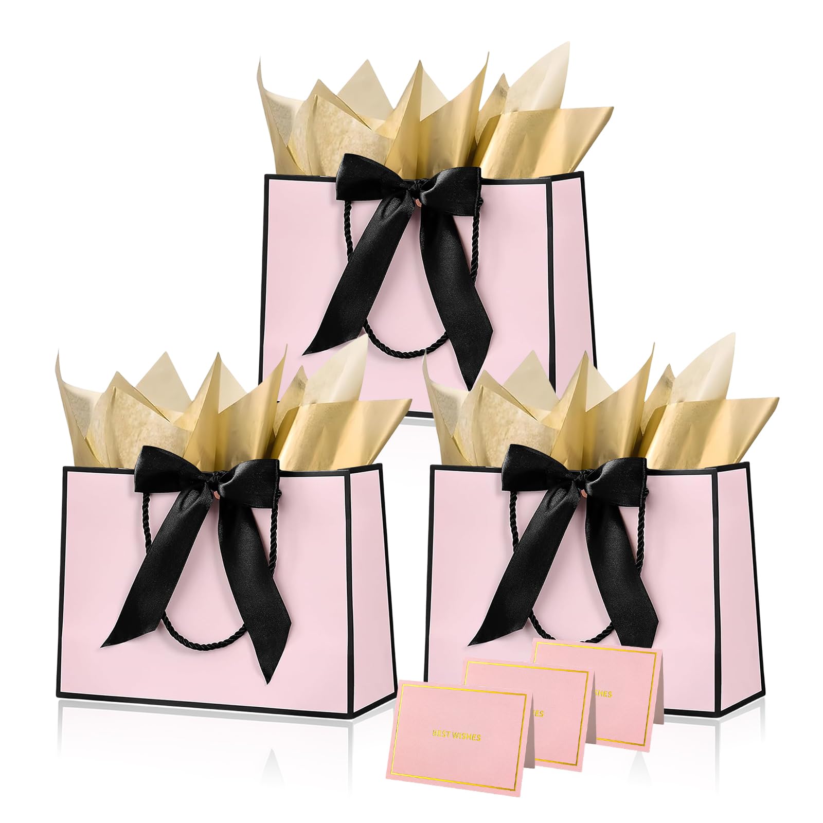 Pink Black Paper Gift Bags with Handles,3pcs Medium Gift Bags for Presents,Wrapping Gift-Bag with Bow Ribbon Tissue Papers and Cards,28*20*10cm Wrapping Bag for Christmas Birthday Wedding Bridesmaid — image 1