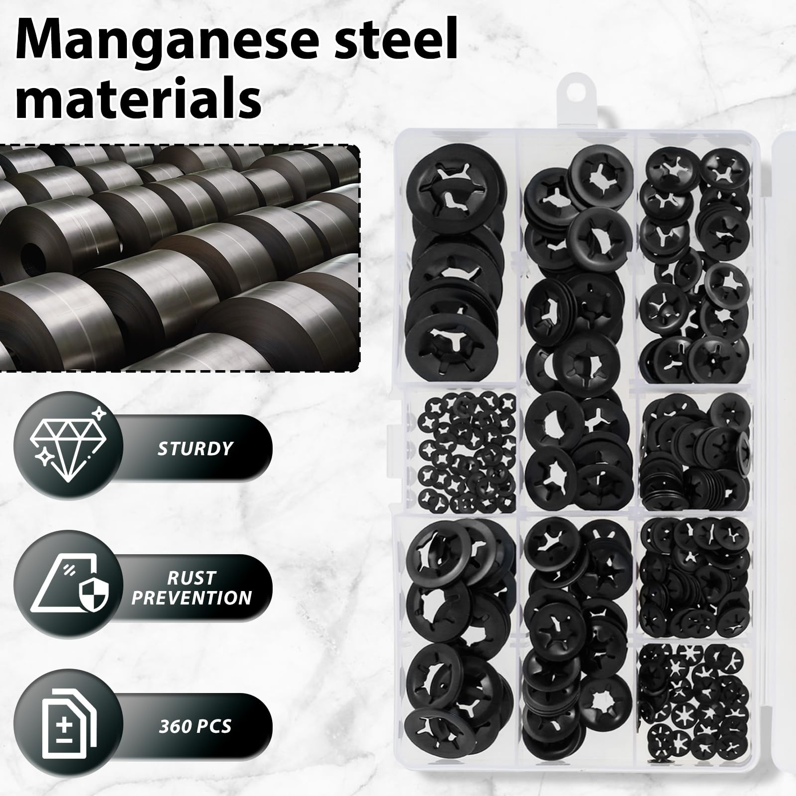 360Pcs Internal Tooth Star Clip Washers Manganese Steel Locking Washers Rustproof Quick Speed Nuting(suit)