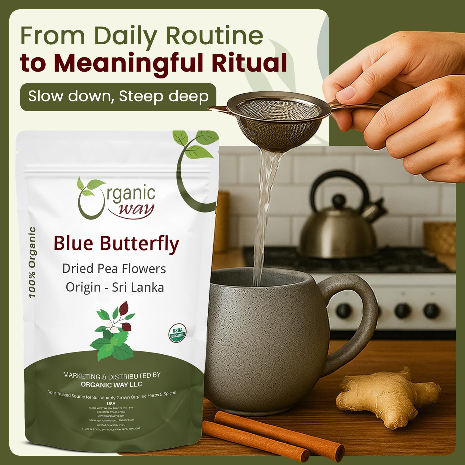 Organic Way Dried Blue Butterfly Pea Flowers (Whole) Herbal Tea | Organic, Vegan, Non GMO & Gluten Free | USDA Certified | 100% Raw from Sri Lanka 16 Oz (Pack of 1)
