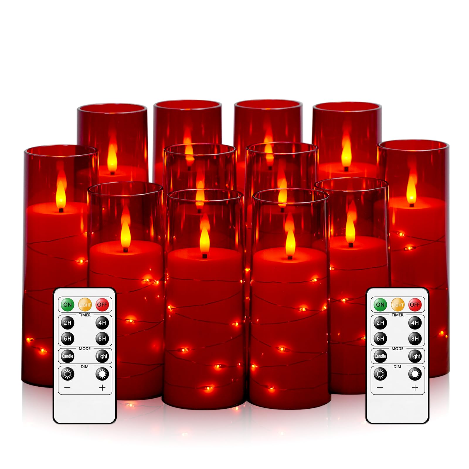 Sasigeiaa Flameless Candles with Embedded Star String - Battery Operated LED Candles, with Remote,12 Red Flickering Candles for Christmas, Weddings, Home Decor &amp; Party,(D 2.3"×H 5" 6" 7")