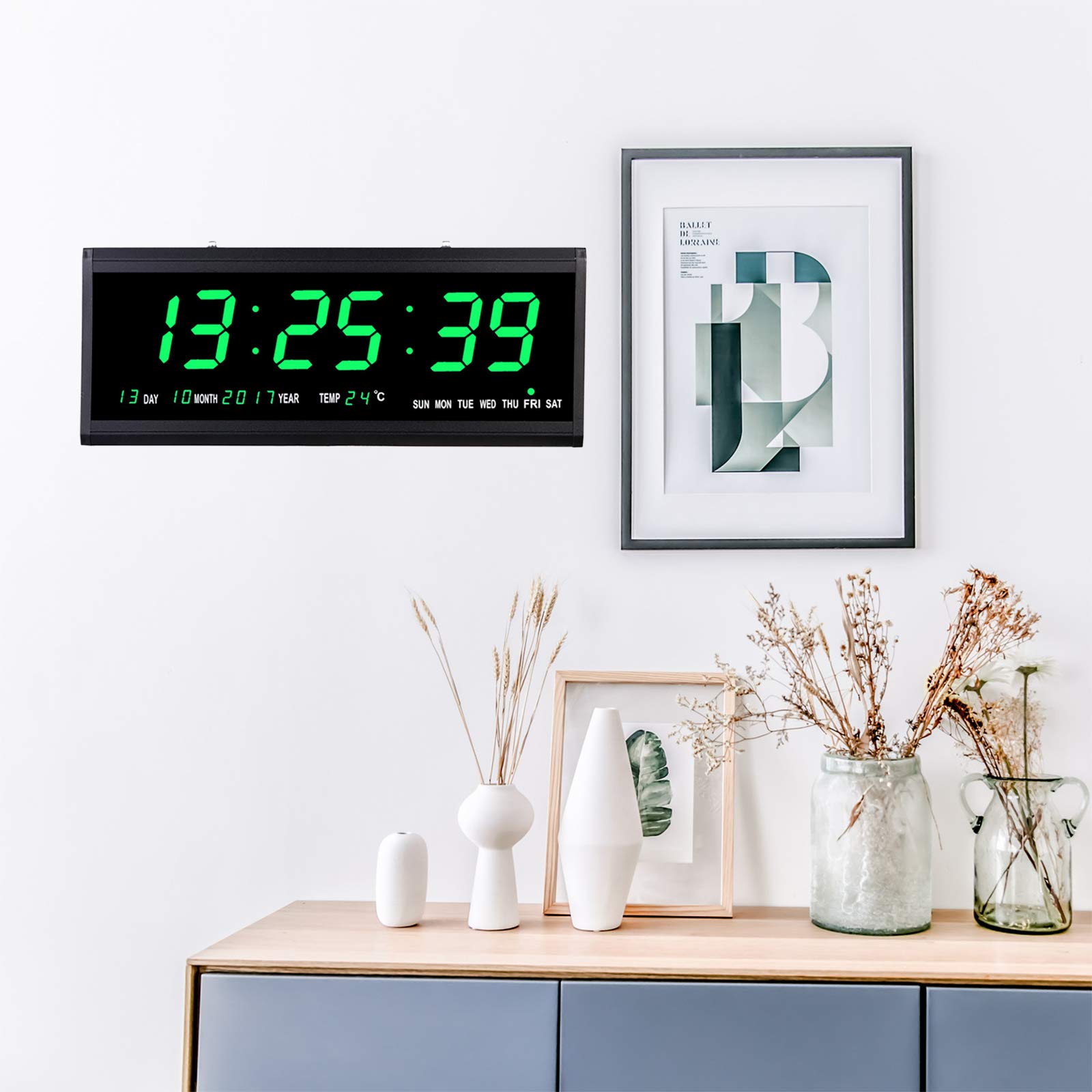 Reloj de pared digital LED con calendario digital y indicador de temperatura, grande, para salón, oficina (verde)