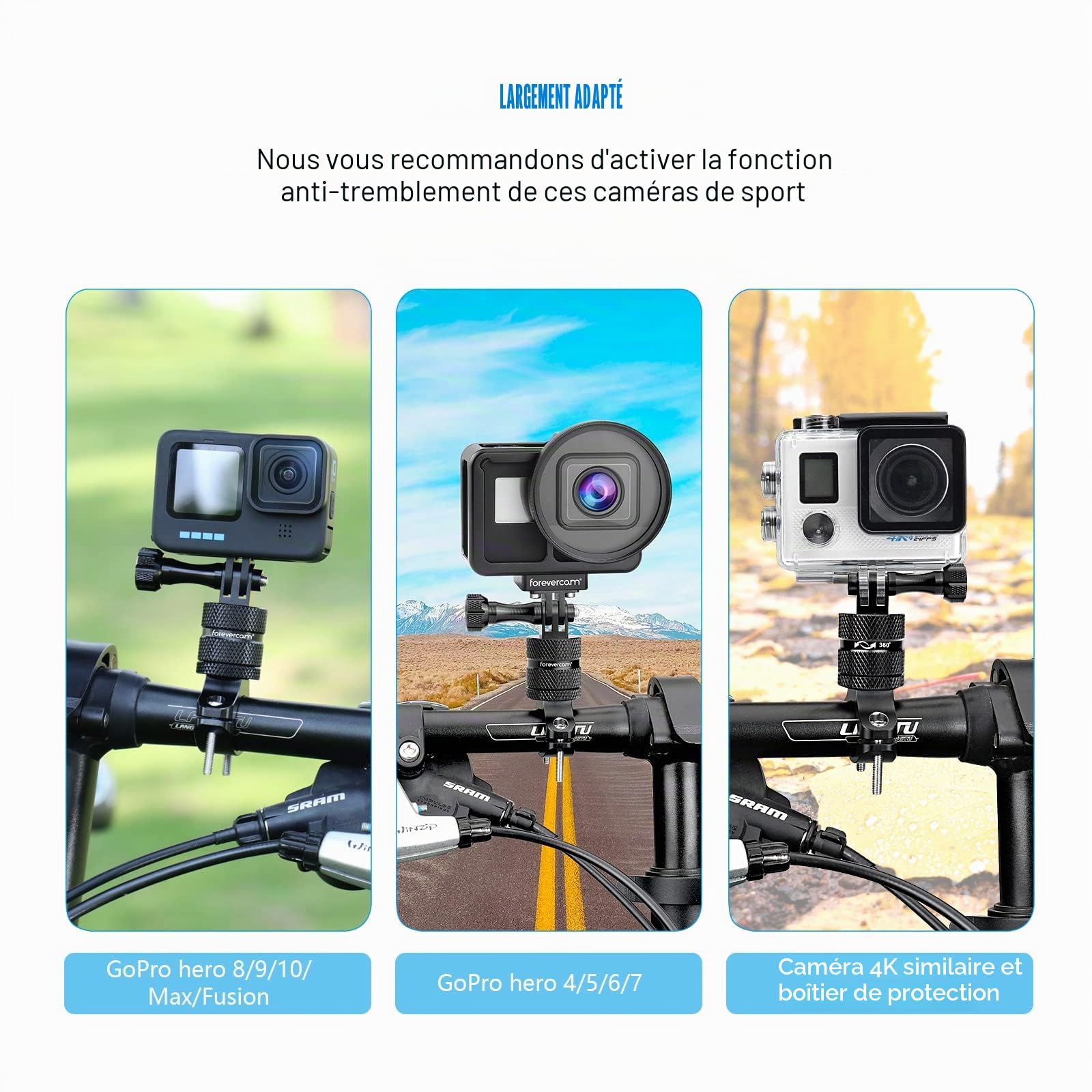 Forevercam-Support de caméra d’action en alliage d’aluminium pour guidon de vélo, rotation à 360 degrés, compatible avec diverses caméras