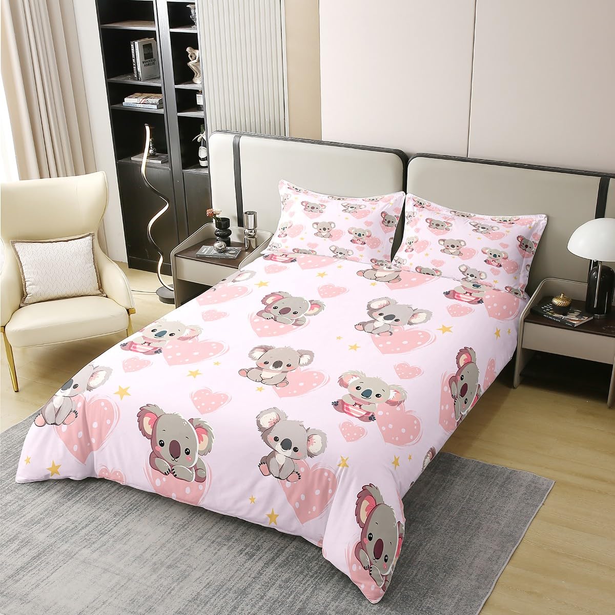Zoo Koala 100% Baumwolle Bettbezug für Kinder Jungen Mädchen,Cartoon Koala Bettwäsche Set 135x200,Nette Zoo Tier Bett Sets,Girly Liebe Herz Bettbezug mit 1 Kissenbezug Weich,Kein Tröster