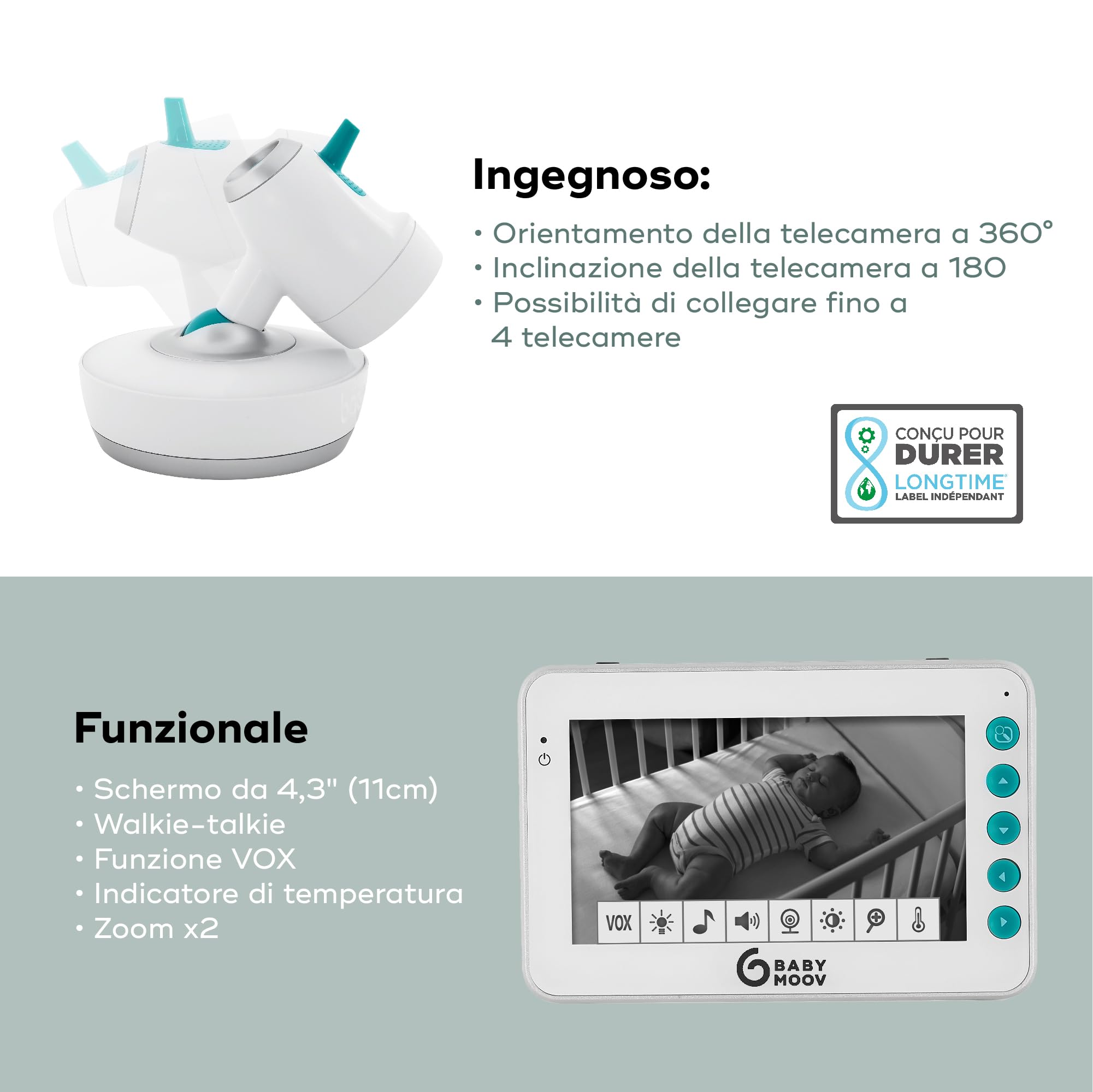 Babymoov Yoo Moov Baby Monitor Video Motorizzato 360°, Tutto in Uno, Bianco