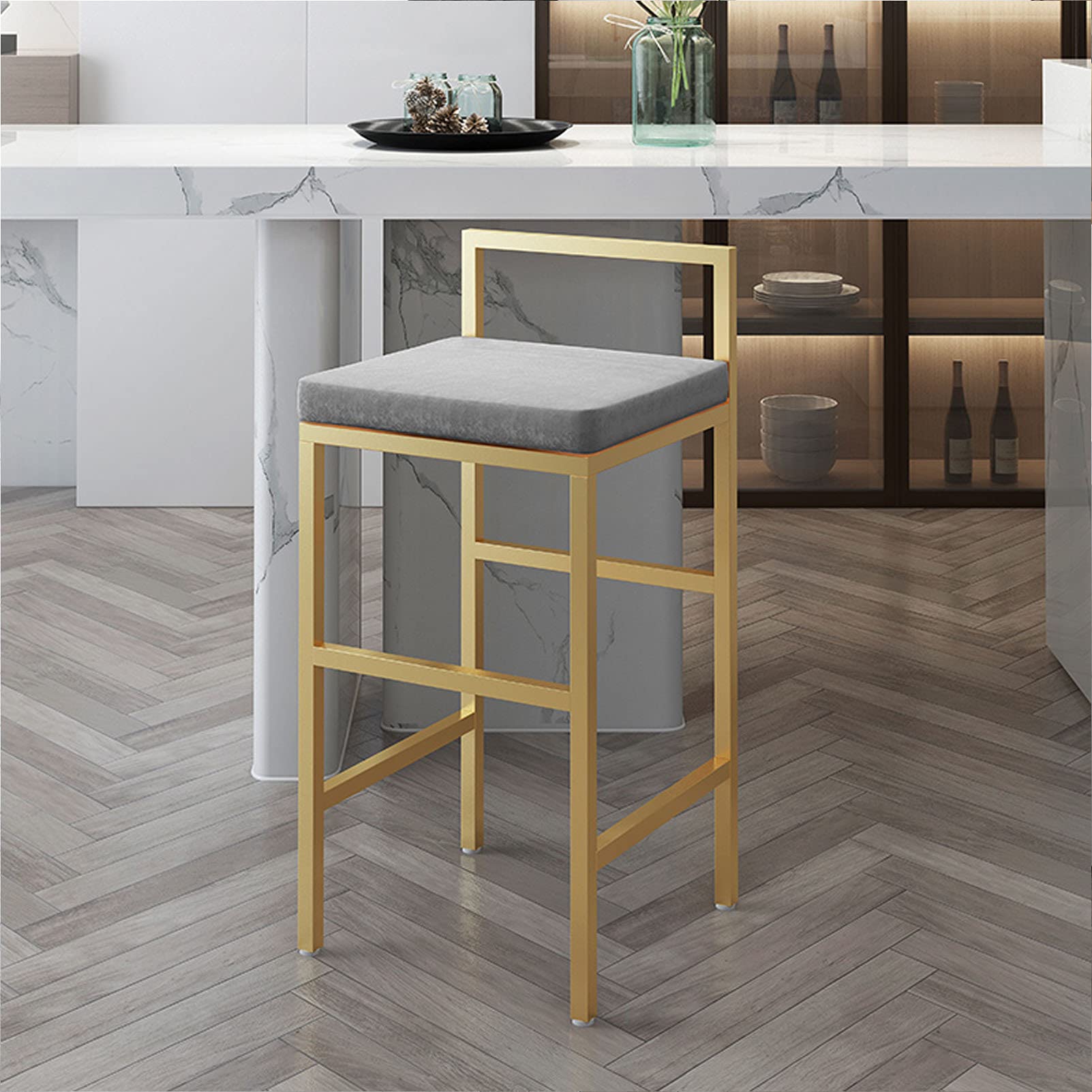 Tabouret de bar avec assise en velours et repose-pieds en métal noir pour cuisine, bar, pub, bistrot – Hauteur assise 75 cm