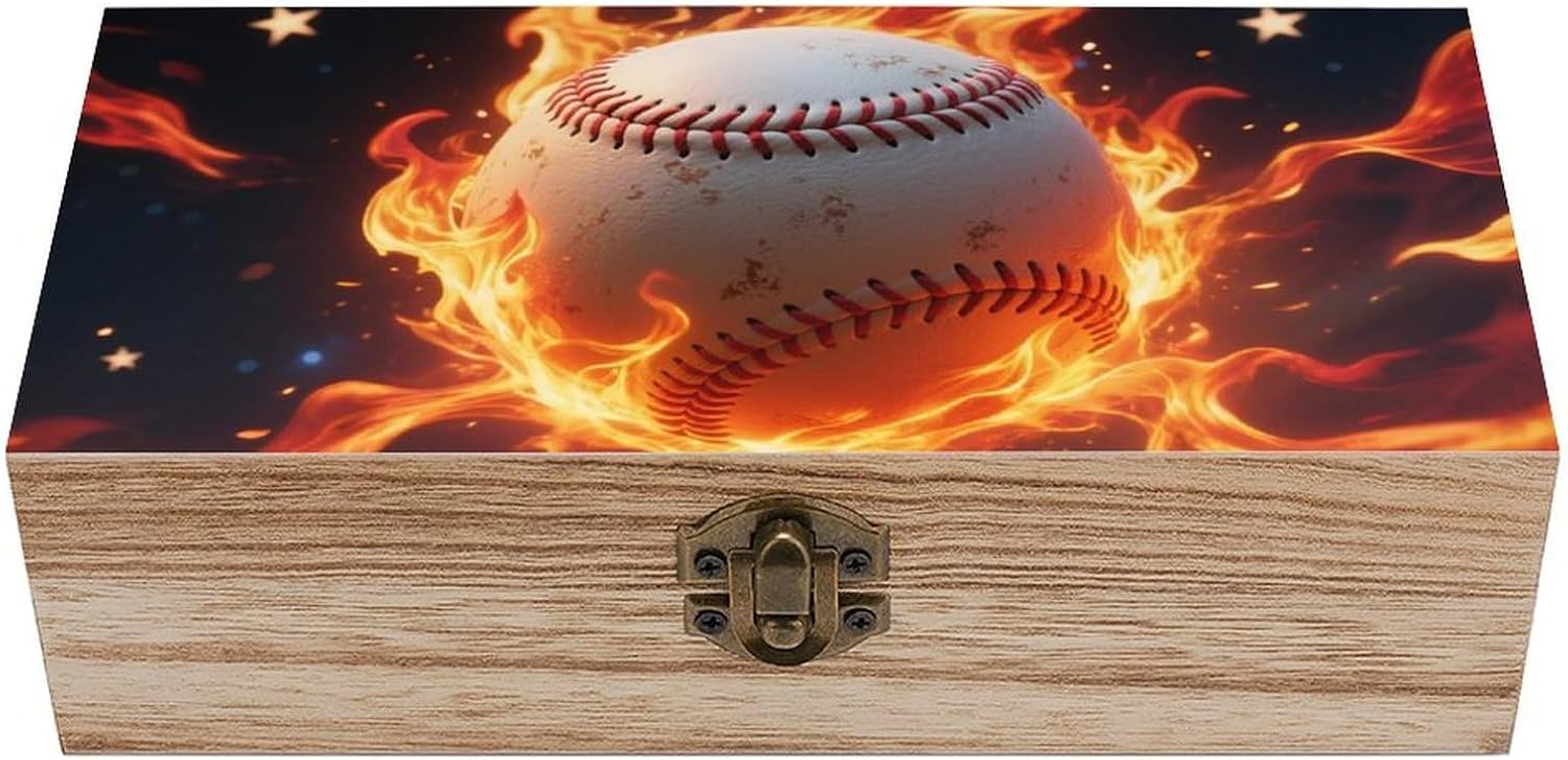 Wooden Storage Box 8x4 Inch, Vintage Keepsake Boxes with Lid, Baseball on Fire Memory Box for Jewelry, Photos - Elegant Home & Office Decor