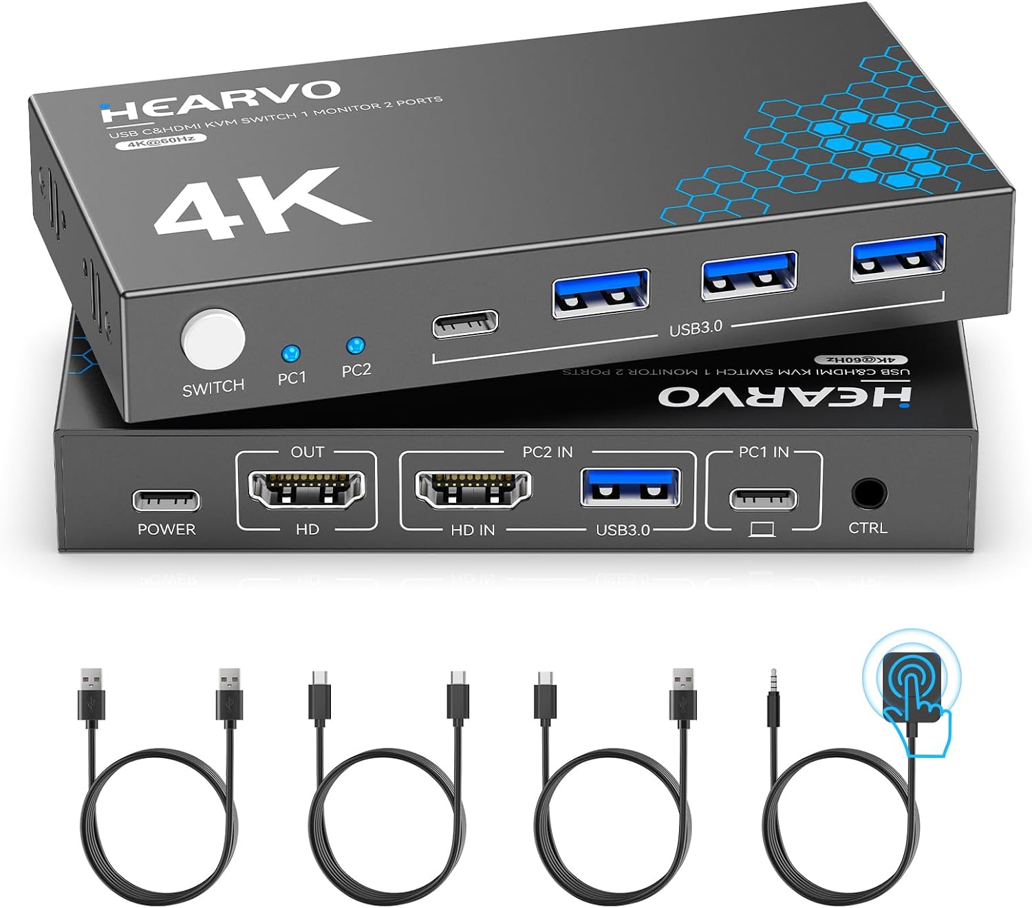 Hearvo USB 3.0 HDMI + USB-C KVM Switch 1 Monitor 2 Computers