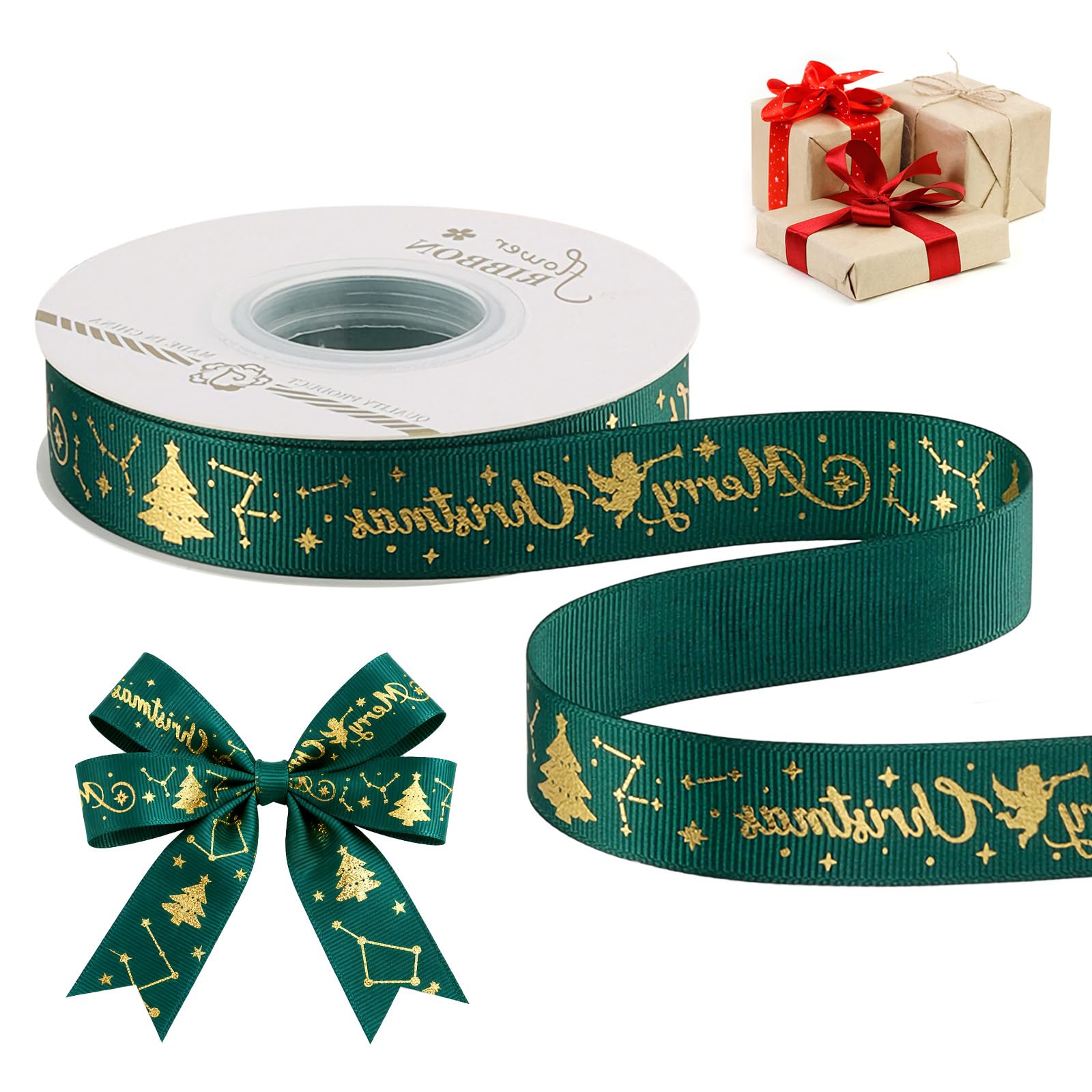 Christmas Ribbon for Gift Wrapping, Thick Fabric Silk Satin Floral Ribbons for Crafts (Angelic Star Song (Green)-2cm)