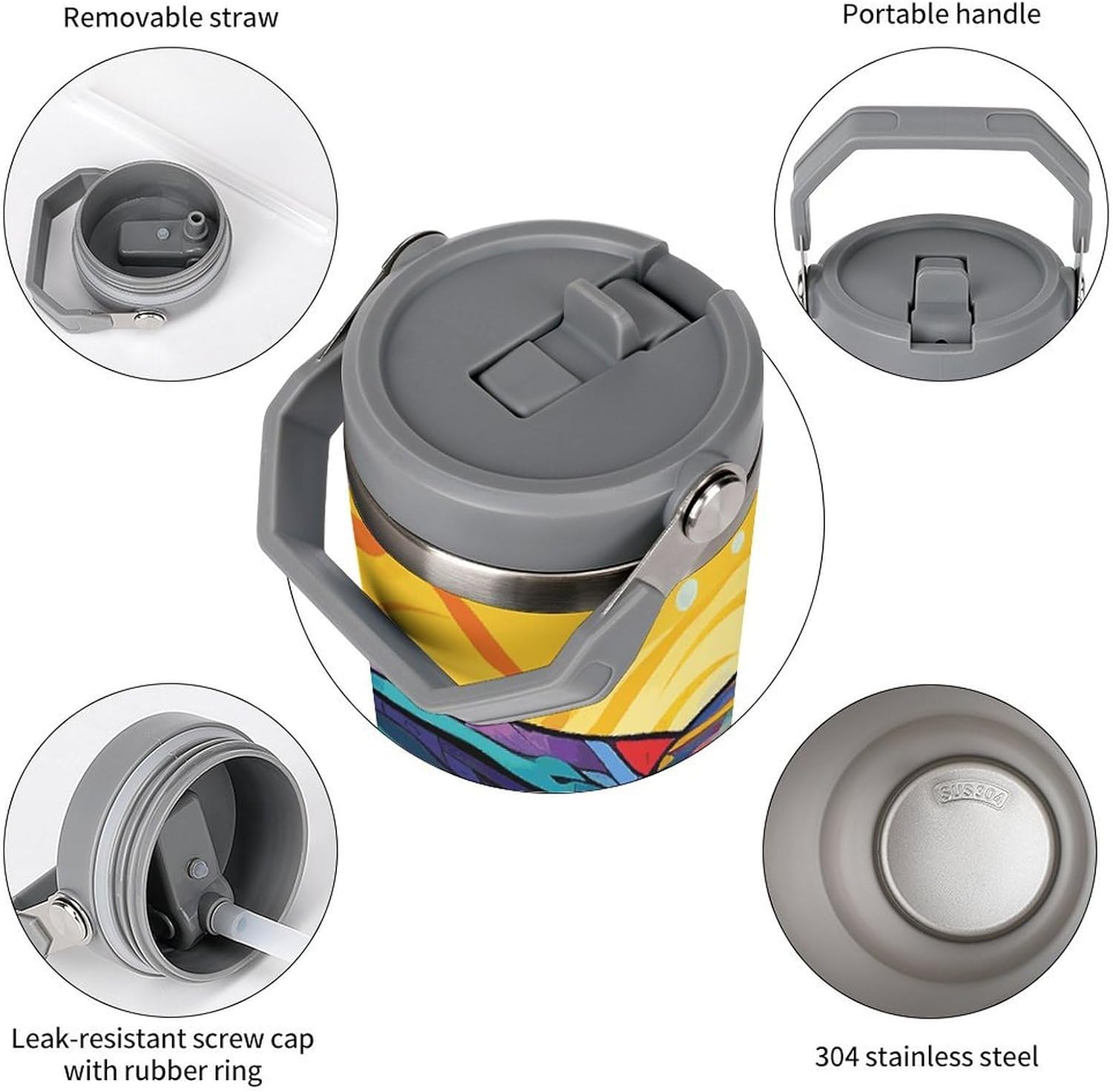 Colorful Elephant Water Bottle 30 Oz Fits Car Cup Holder,Insulated Coffee Mug Large Capacity Car Cups,Stainless Steel Double Wall Sport Bottle for Travel Sports Gym