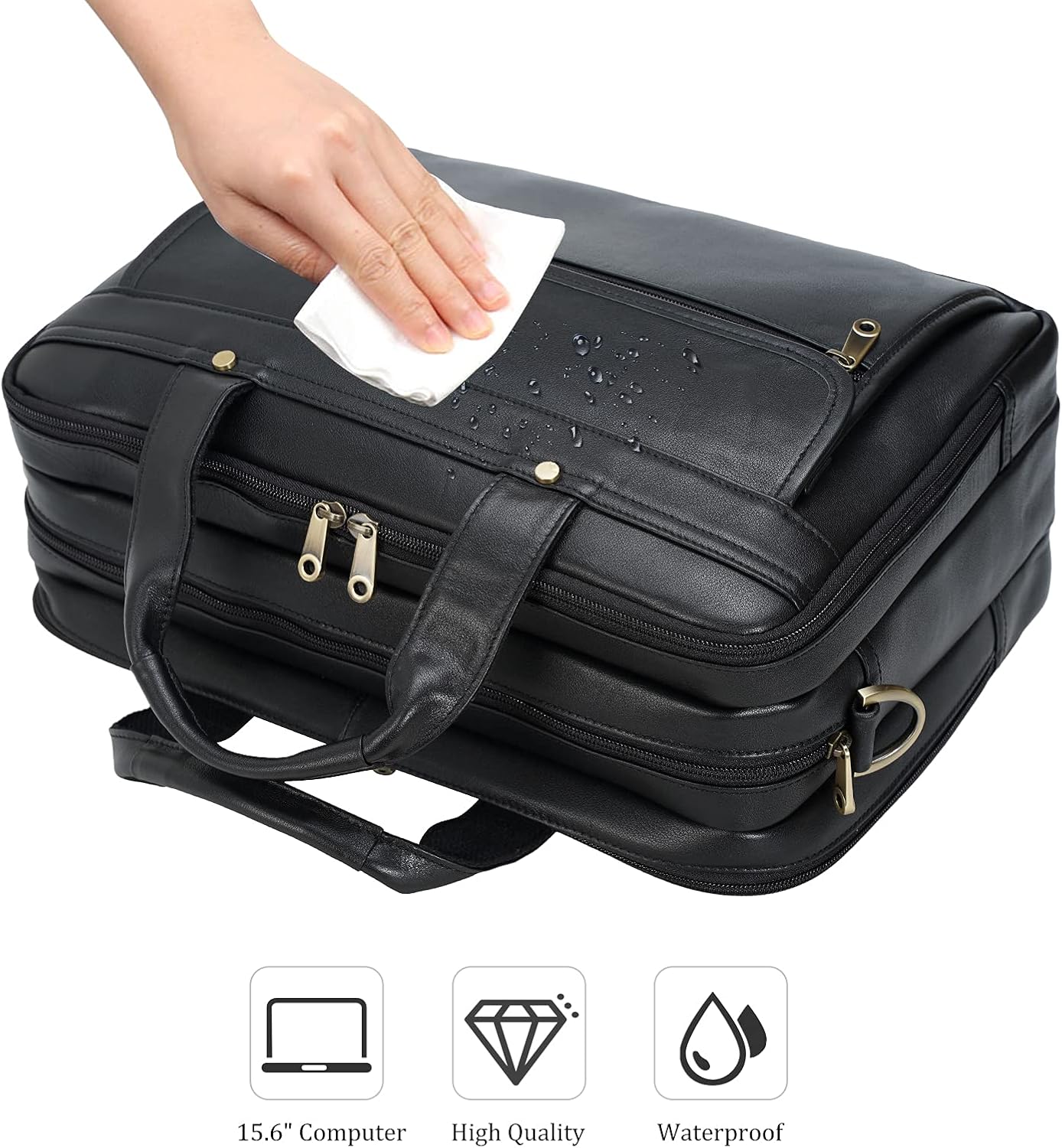 Polare Natural Napa Leather 16'' Black Business Briefcase Laptop Messenger Bag for Men with YKK Zippers
