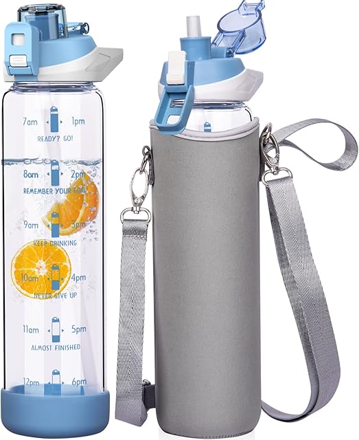 Seekua 1l Large Glass Water Bottle with Straw & Time Markings 1 litre Big Motivational Glass Drinking Bottle BPA free Leakproof