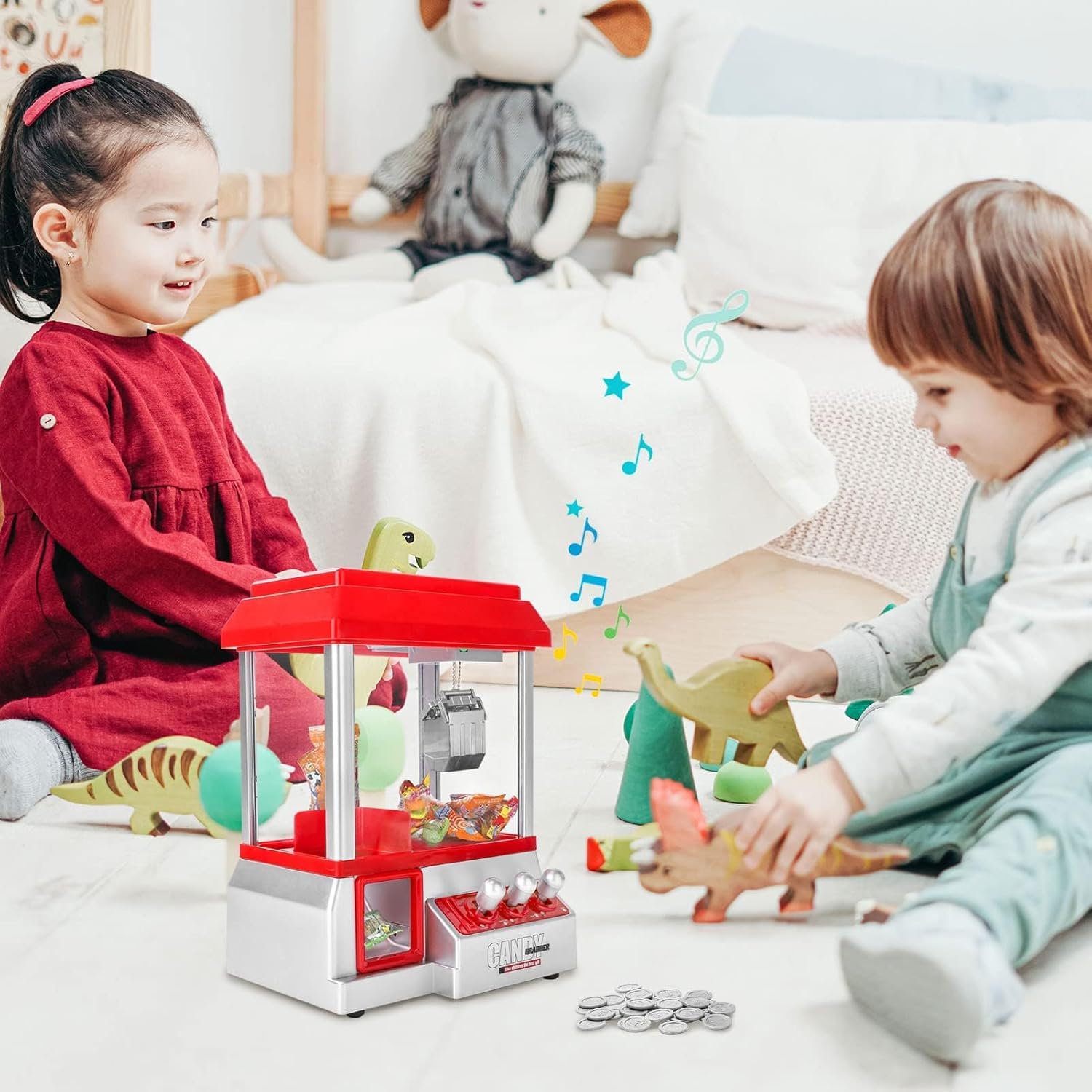 KingSaid Distributeur Bonbon – Machine à Bonbons Candy Grabber Mini Coin Pusher Musical avec 20 Jetons – Jouet Arcade à Piles pour Bonbons et Petits Jouets