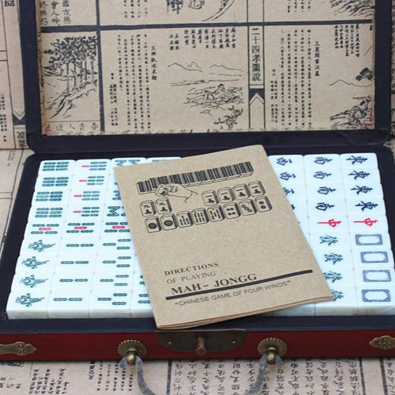 Antico Mahjong 144 Piastrelle Set da Viaggio Portatile Gioco Familiare per Adulti