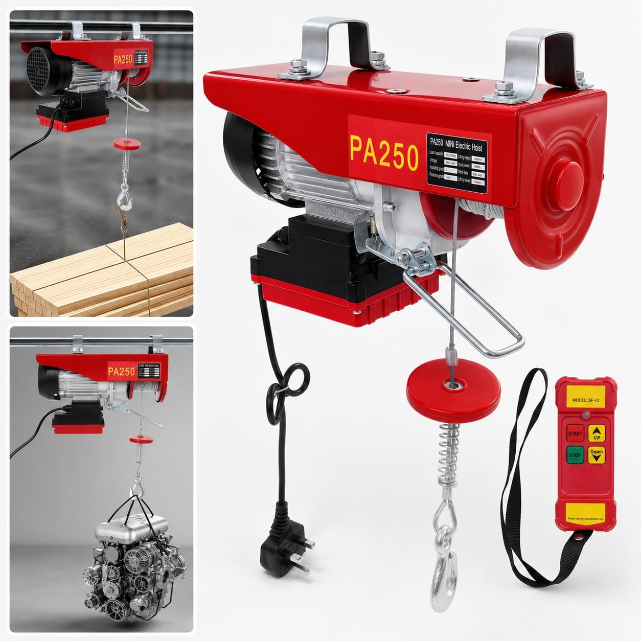 Paranco elettrico con telecomando senza fili, portata 800 kg, altezza di sollevamento 12 m, include 2 cinghie e ganci, per garage o magazzino