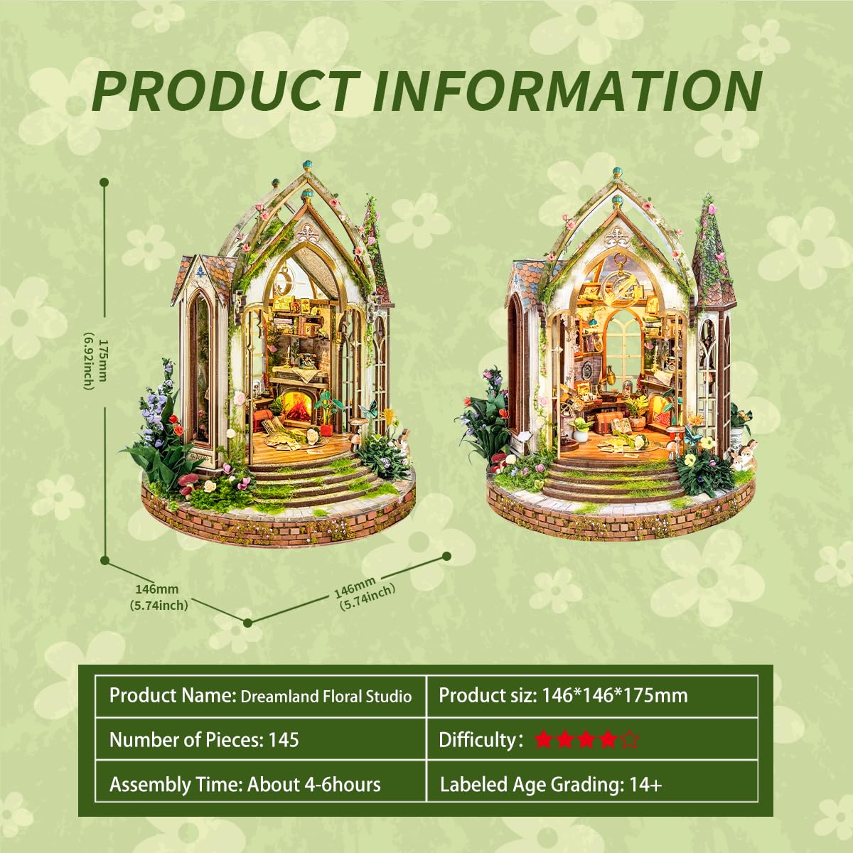 Dreamland Floral Studio - Rincón de libros de bricolaje, kit de casa gótica en miniatura con luces LED, juego de construcción de sujetalibros decorativo para decoración de estanterías, regalo único de