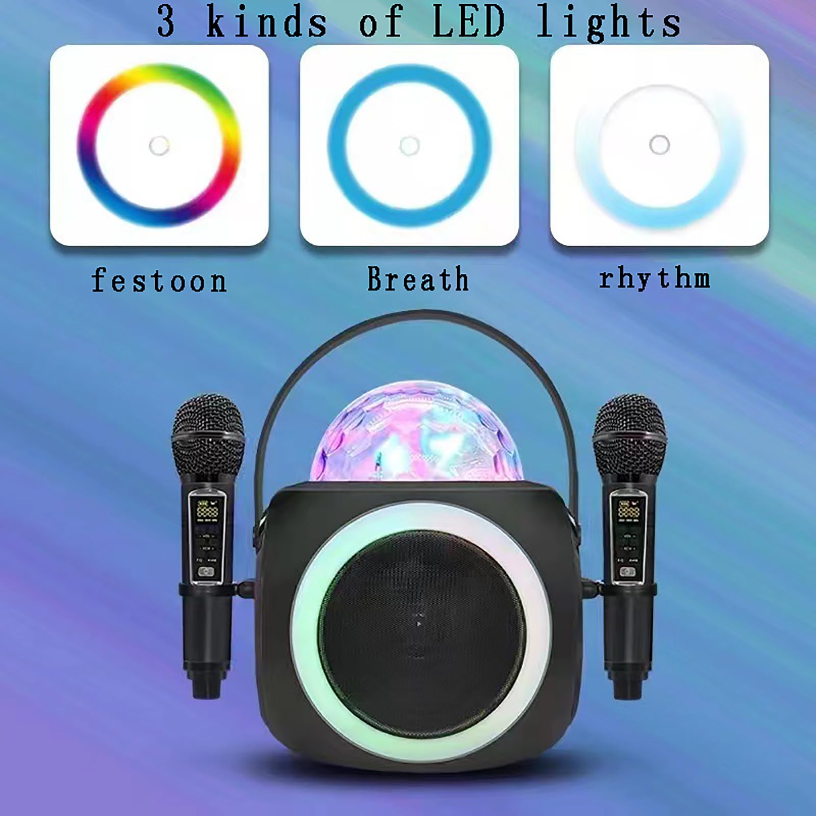 Przenośny głośnik do karaoke Bluetooth, sprzęt do karaoke ze światłami dyskotekowymi i 2 mikrofonami bezprzewodowymi, 3 rodzaje regulacji światła LED (Black)