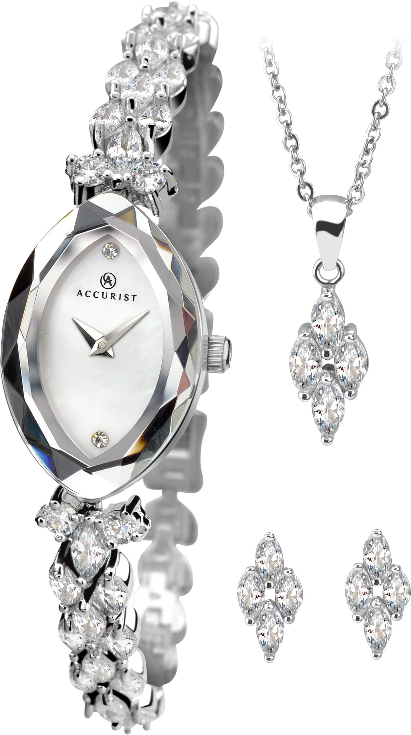 Accurist Womens Japanese Quartz Silver Tone Watch Gift Set, With Pendant And Earrings, Oval Case With Bevelled Czech Crystal Glass Bezel, Jewellery Type Clasp, Mother Of Pearl Dial, 2 year guarantee.