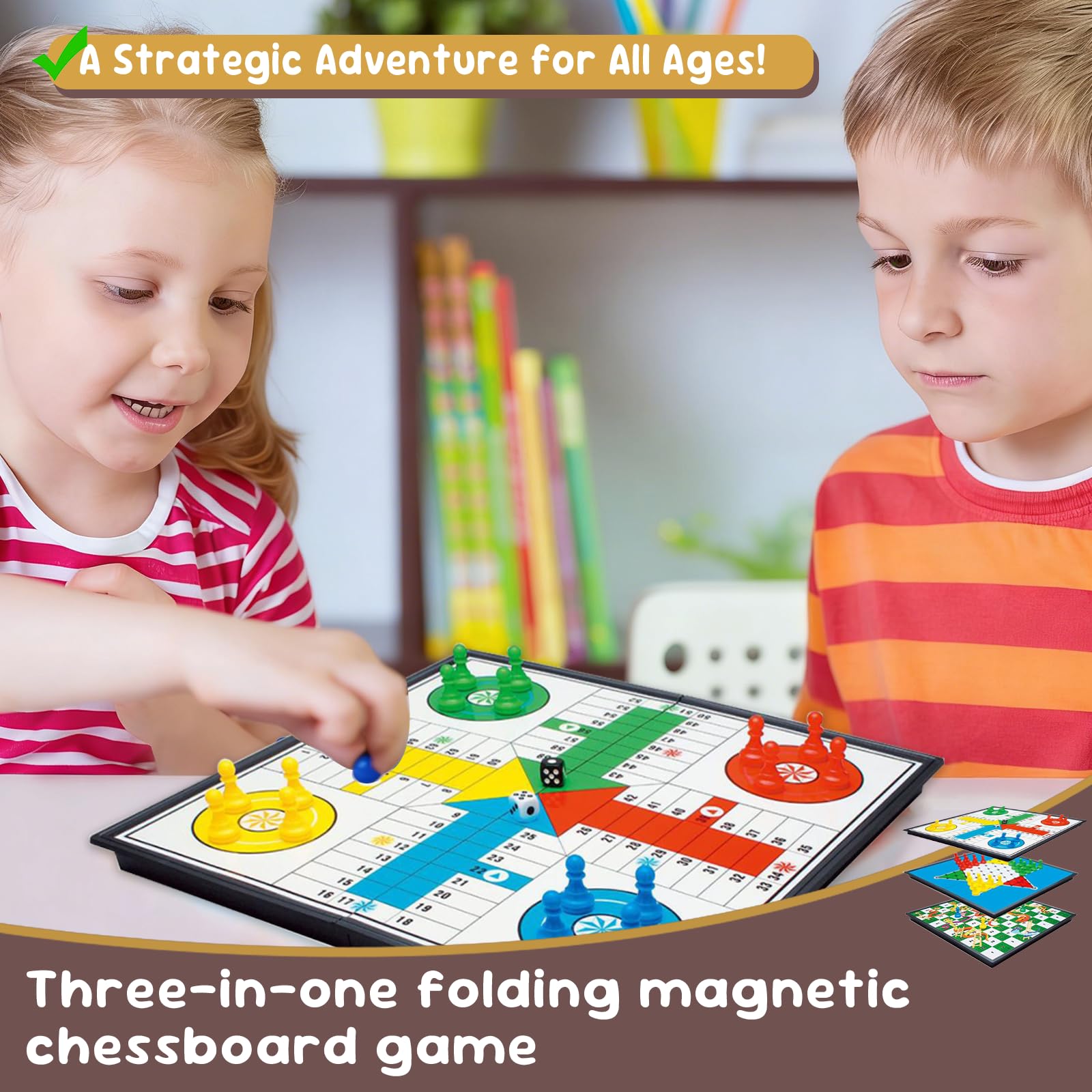 3 en 1 Parchis Magnetico Incluye Serpientes Escaleras, Ajedrez Aviones Ajedrez con Dados, Portátil Ajedrezs para Niños, Juegos Educativos para Toda Familia, Ideales para Viajes por Carretera