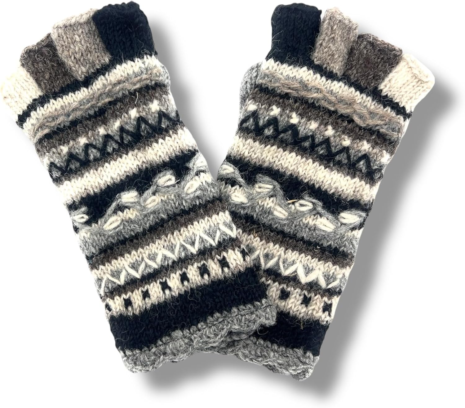 Hand Knit Winter Half Fingerless Striped Texting Gloves Warm Wool Fleece Lined - Image 3