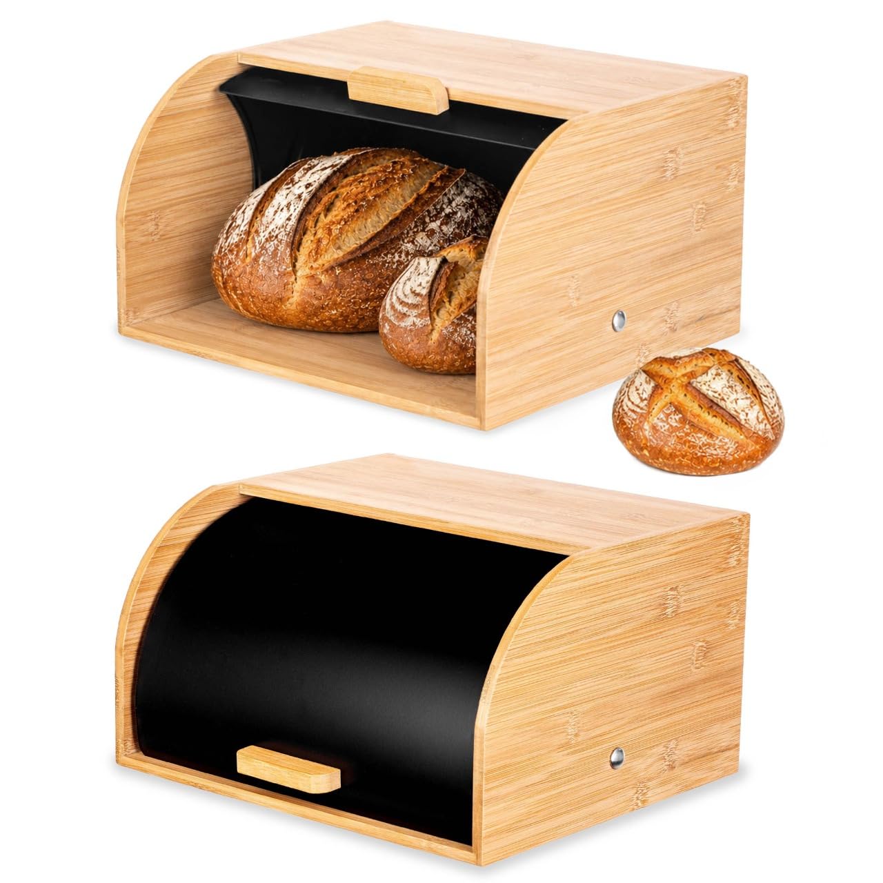 KADAX Brotkasten 31 x 28 x 18 cm aus Bambus und Edelstahl, Brotaufbewahrungsbox, Brotbehälter zur Aufbewahrung von Brot, Brotaufbewahrung (Schwarz/Holz)