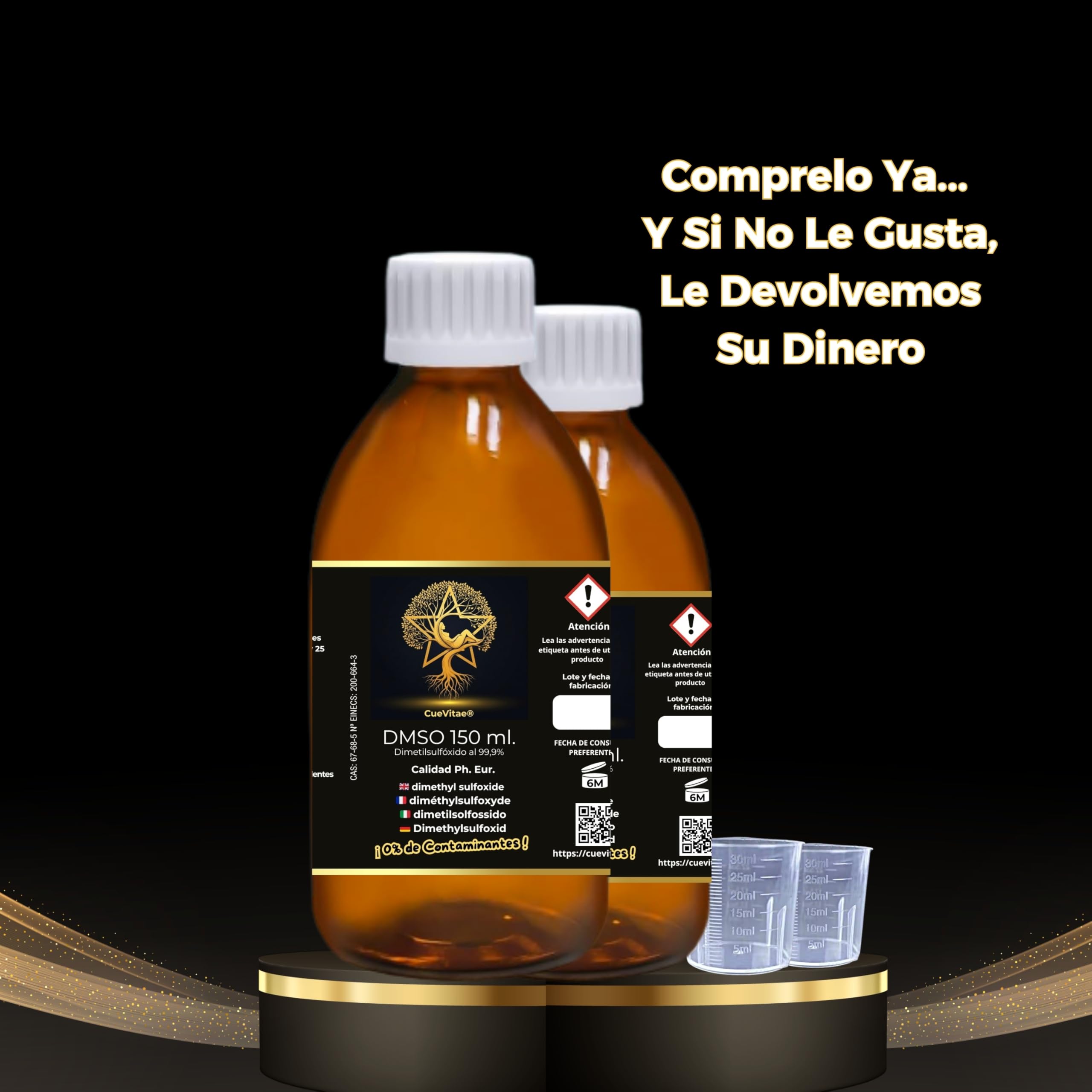 DMSO 99,9 % pur diméthylsulfoxyde 2 x 150 ml CueVitae® Bouteille en verre ambré avec compte-gouttes et verre doseur | solvant organique de haute pureté | sans additifs